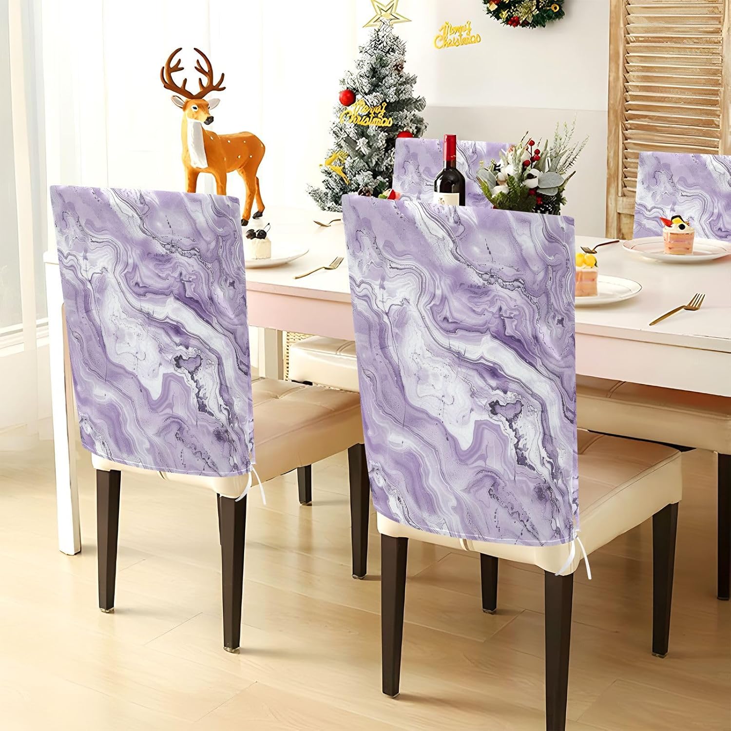 ALAZA Purple White Marble Chair Back Cover Set of 6, Washable Reusable Removable Chair Slipcovers Decorative Chair Cover for Home Kitchen Wedding Party