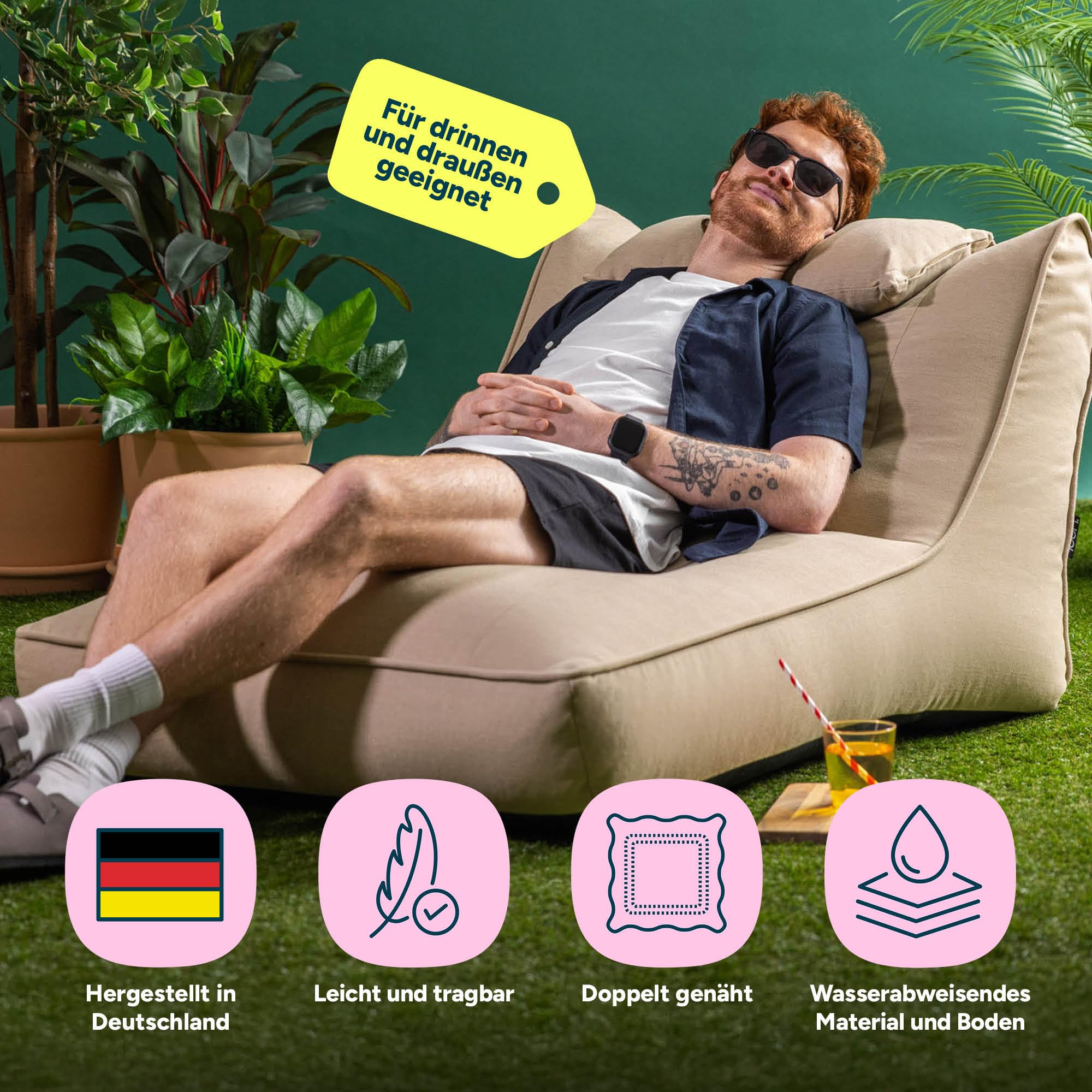 Icon Nova Outdoor Sitzsack Sessel für Erwachsene, Beige, Olefin Stoff für Drinnen und Draußen, Riesen Sitzsack mit Füllung, Bequemer Sessel, Garten, Terrasse, Lounge, Wohnzimmer