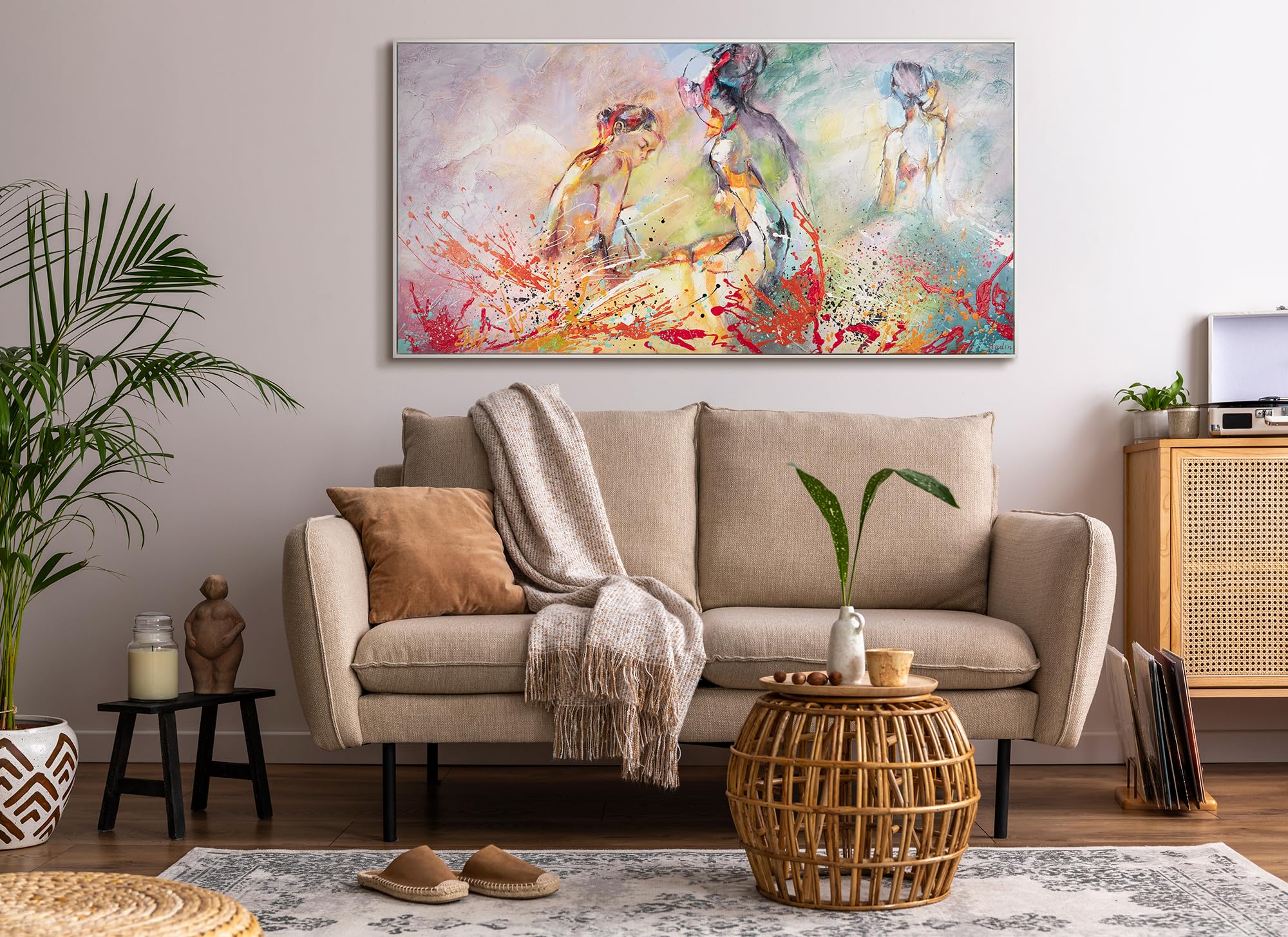 YS-Art Abstrakt Stil Acryl Gemälde auf Leinwand Heißer Sommer handgemalt Wandbilder Wohnzimmer modern Wohndekor Akt Bilder echte Kunstwerke gerahmt mit Rahmen 160x80 cm