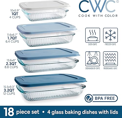 Miniatura 2 de COOK WITH COLOR Juego de 8 platos para hornear de vidrio profundo con tapas de plástico, cazuela y recipientes de almacenamiento de alimentos para