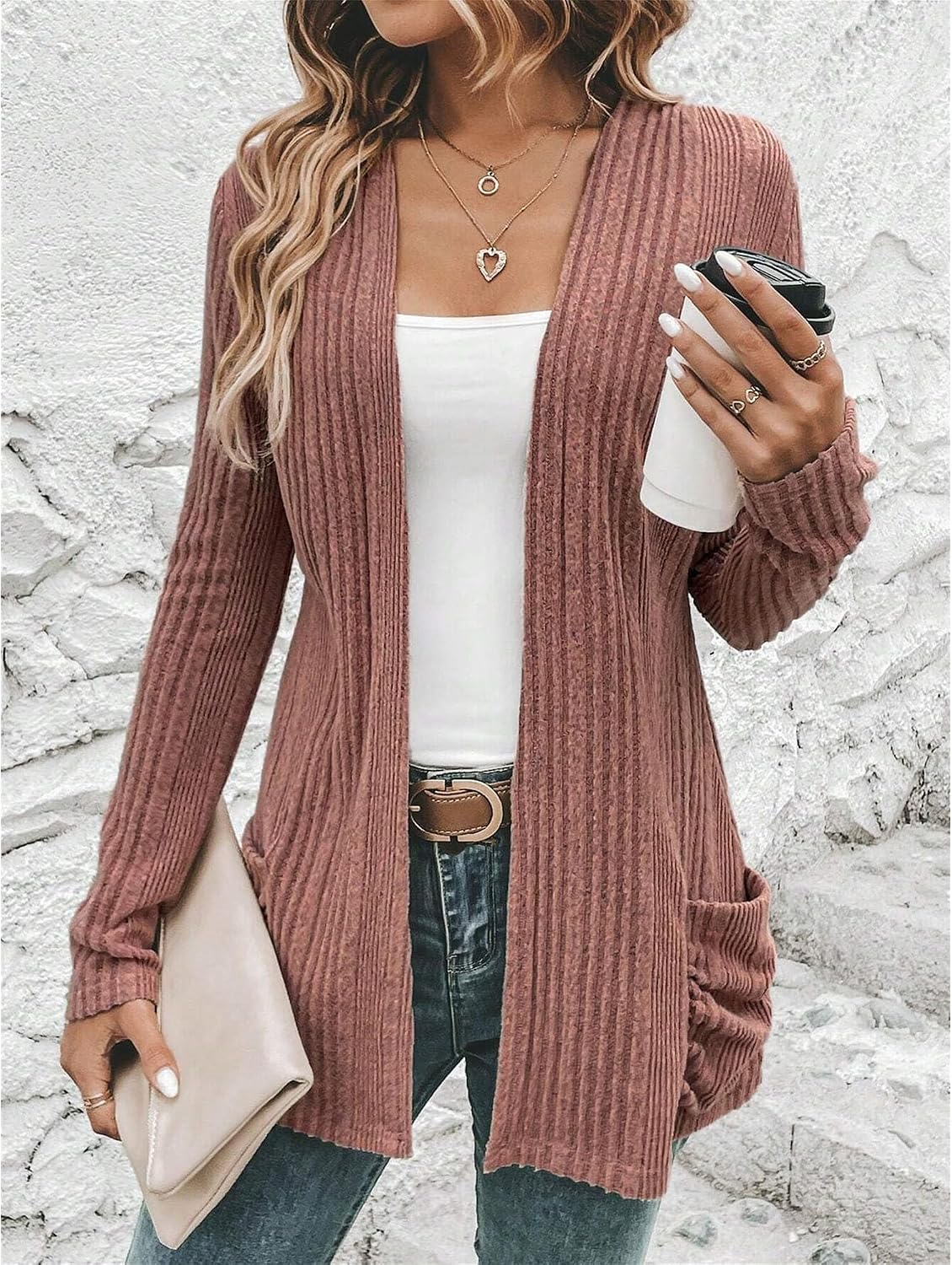 Women's 2025 Fall Open Front Cardigan Long Sleeve Thin Ribbed Knit Sweater Loose Outerwear Coats with Pockets