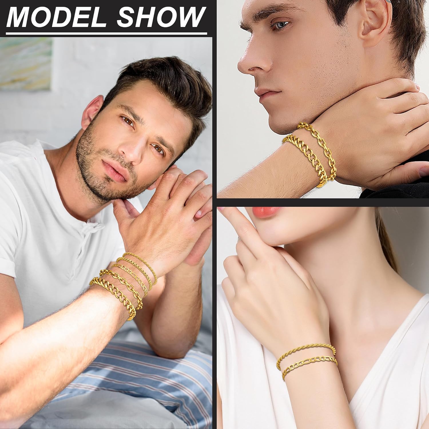 5PCS Stainless Steel Bracelets for Men, Silver Gold Black Sturdy Cuban Link Box Rope Chain Paperclip Figaro Bracelet for Women Men Jewelry Set - Image 2