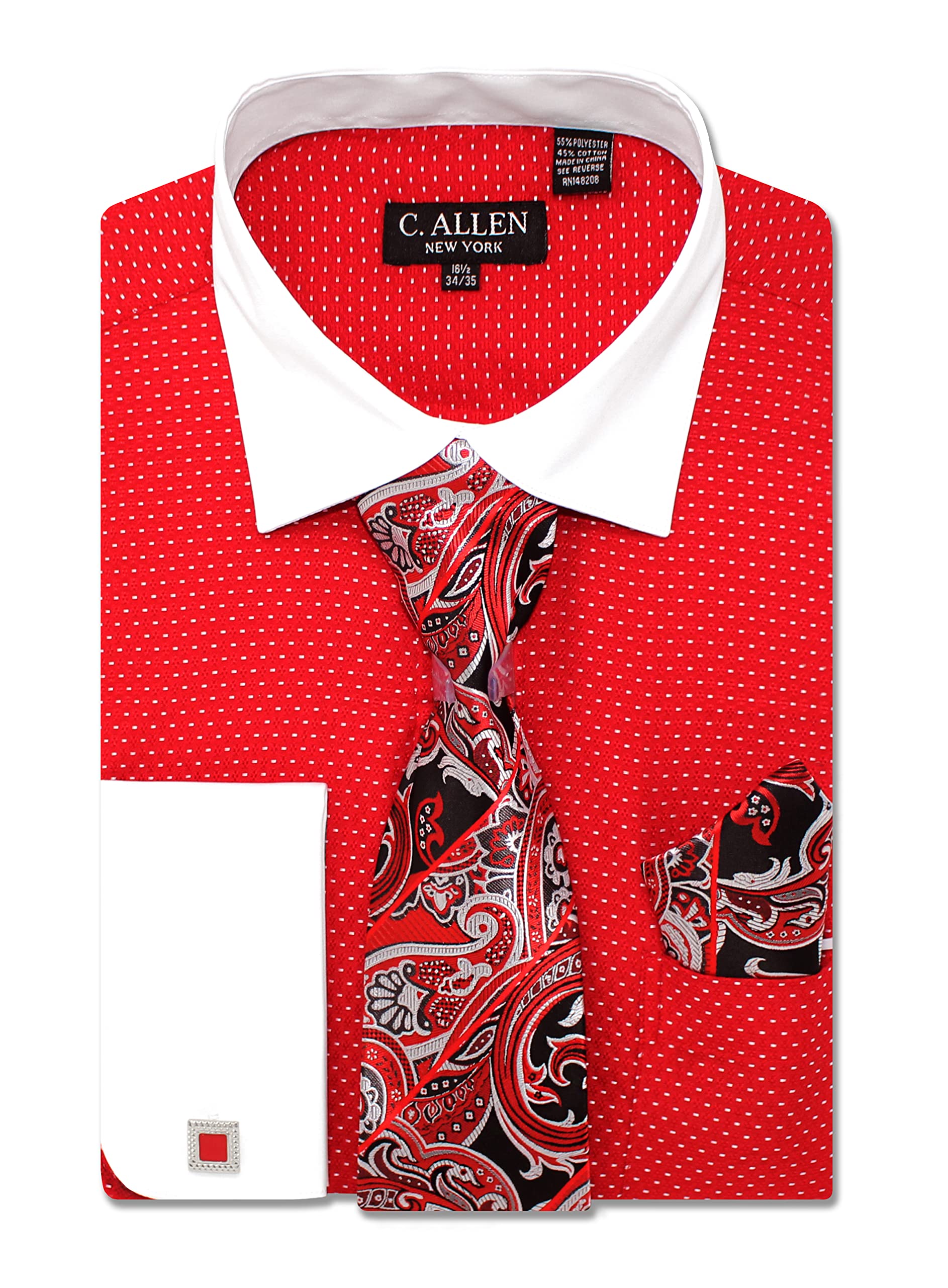 C Allen Mens Pin Dot Pattern Regular Fit French Cuffs Dress Shirts with Tie Hanky Cufflinks Combo