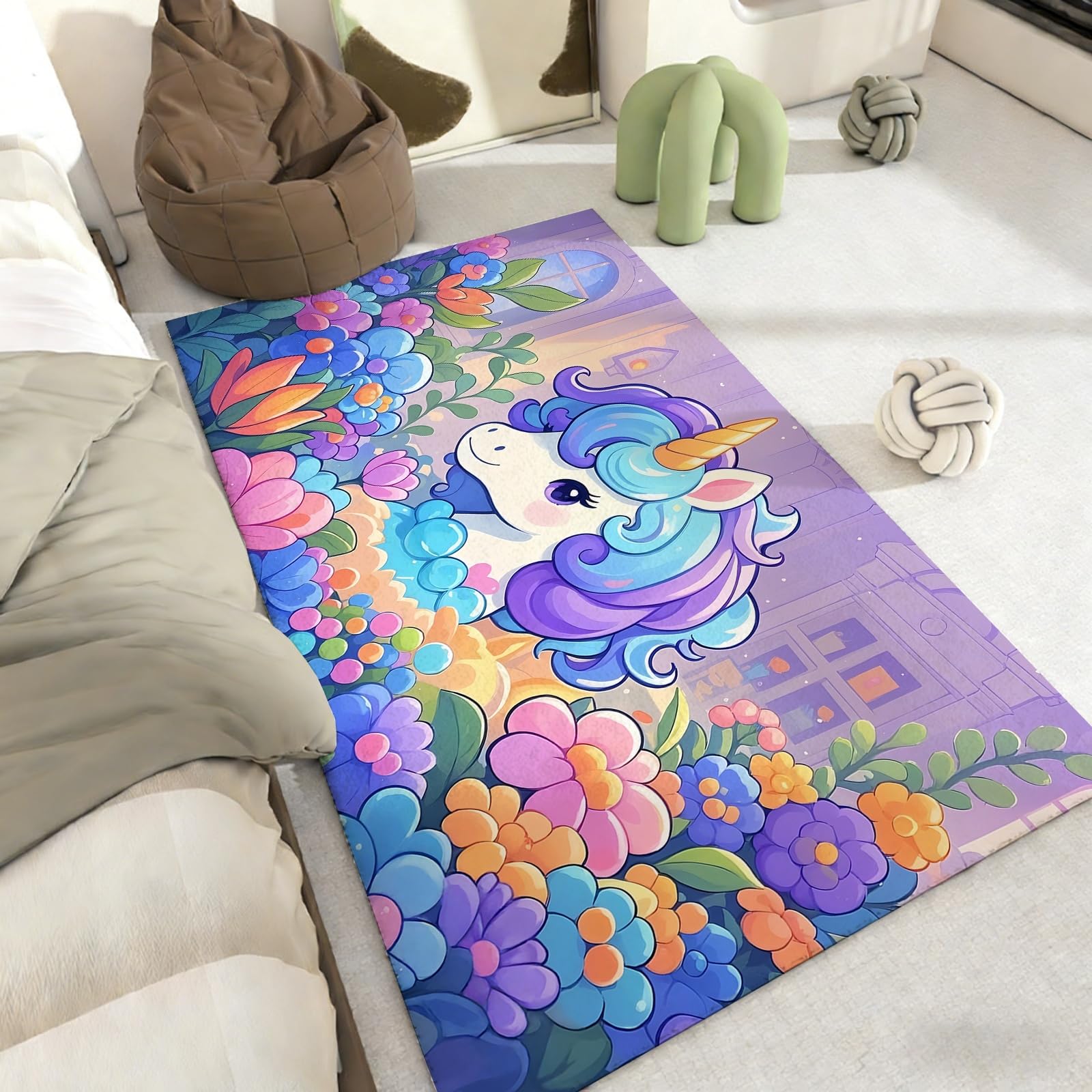 Tapis enfant doux licorne 70x150cm faux cachemire et tapis de sol antidérapant chambre fille