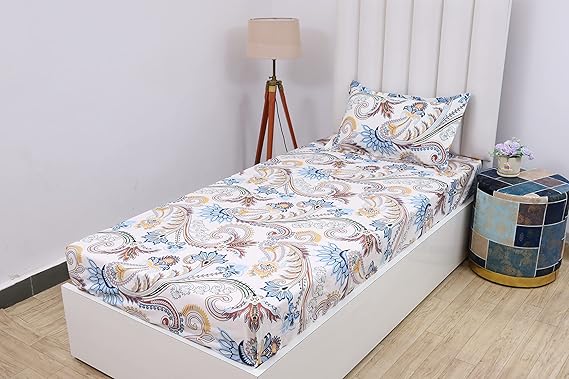 RD TREND Presents Cotton 220 TC Elastic Fitted Size Single Bed Sheet with 1 Pillow Cover Oof White