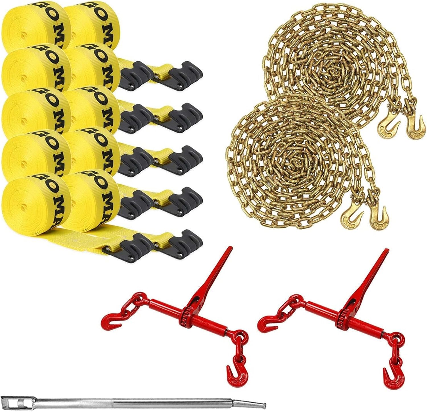 DC Cargo Flatbed Tie-Down Kit - 15 Pieces: 4 Inch Flatbed Winch Straps, 5/16” Grade 70 Chains, Ratchet Load Binders, and Combination Winch Bar