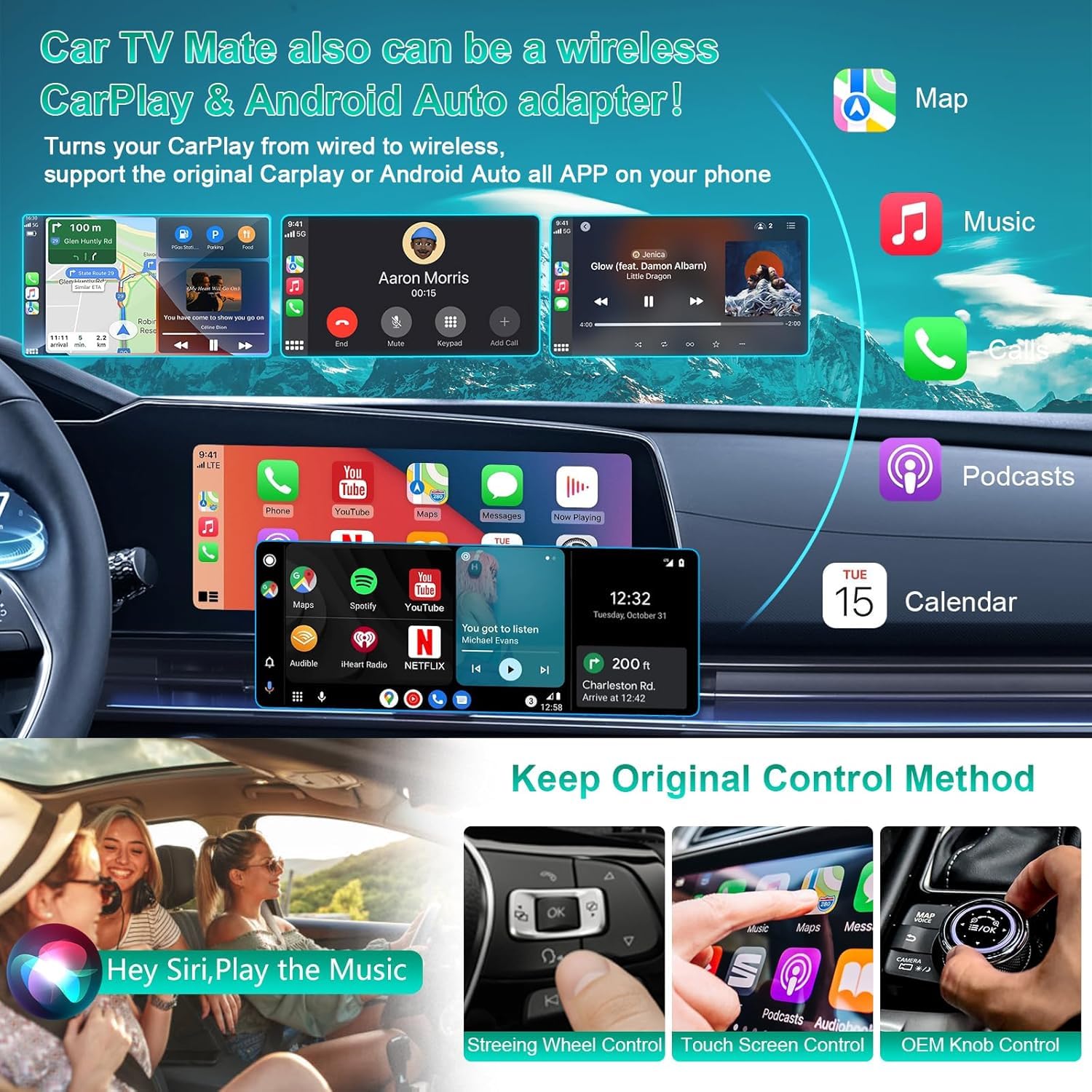 3 en 1 Car TV Mate Pro con Wireless CarPlay & Android Auto Adapter, Convertidor HDMI Multimedia TV Stick, Streaming de Fire T V/Consola/Youtube/Netflix en el Coche para CarPlay con Cable