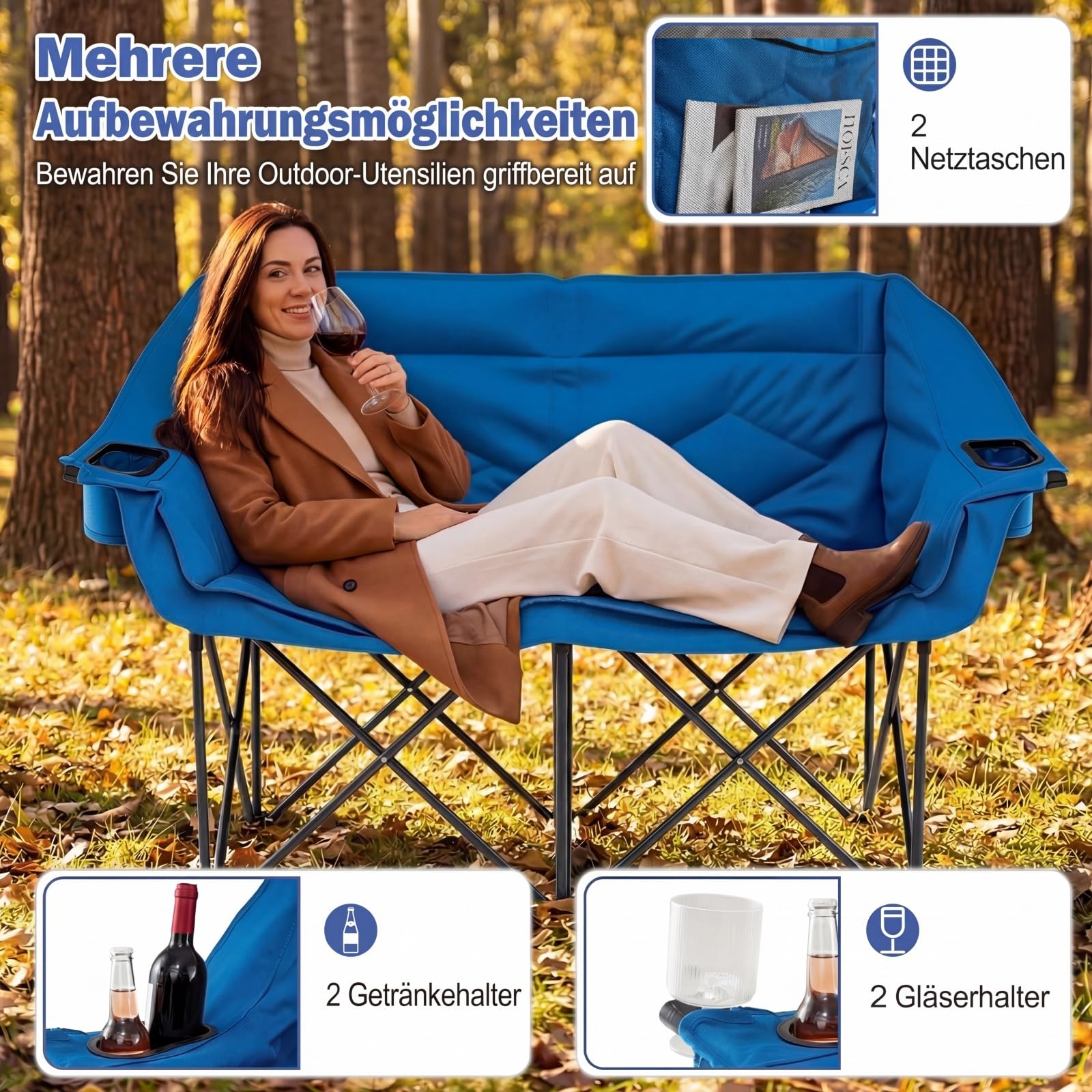 COSTWAY Campingstuhl faltbar für 2 Personen, XXL Campingsofa mit Getränkehaltern, Glashaltern und Netztaschen, 300 kg Tragfähigkeit, gepolsterter Klappstuhl, Faltsofa, Campingcouch