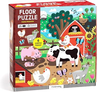Mudpuppy Farm Friends 25 Piece Floor Puzzle with 6 Barnyard Animal Shaped Pieces Featuring an Adorable Illustration of A Farm