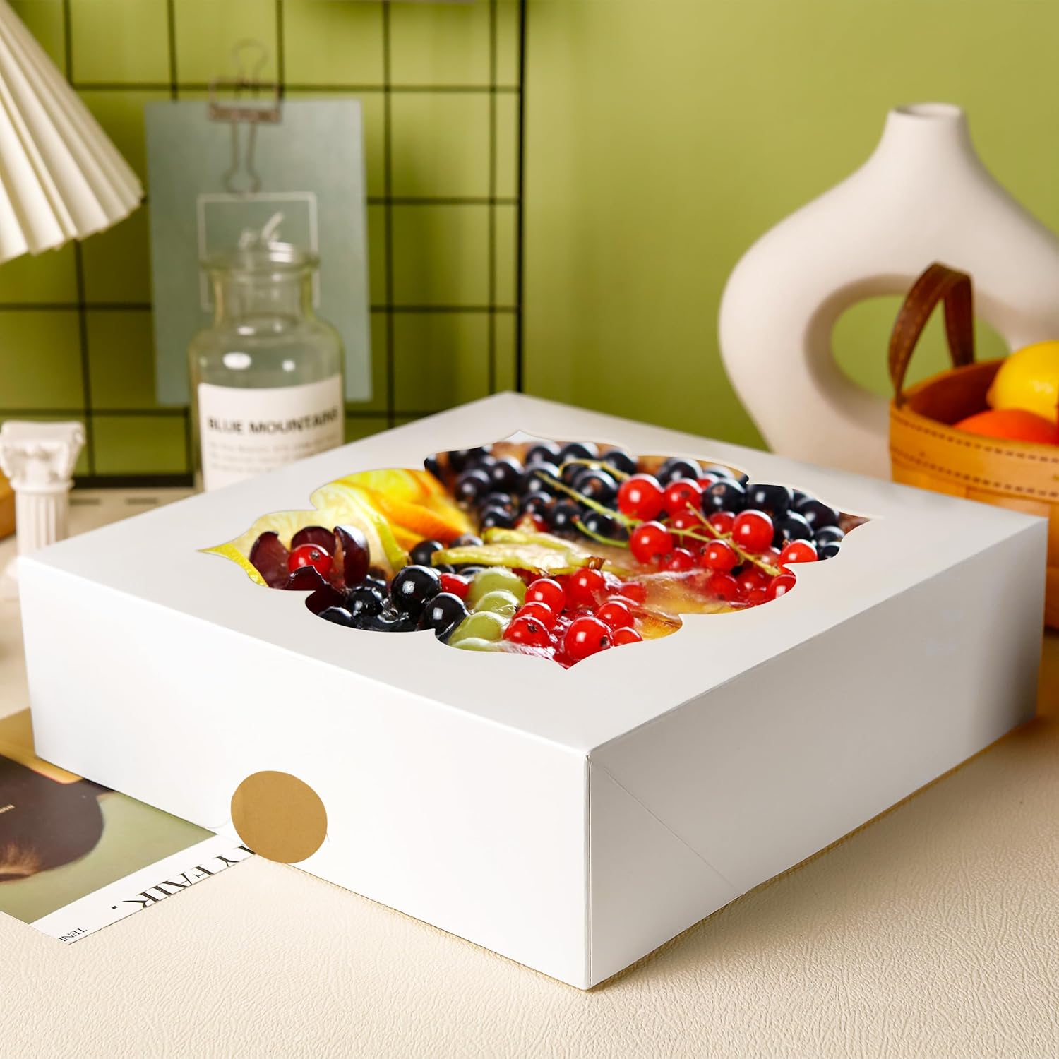 NPLUX 20 Pack Pie Boxes for 9 Inch Pie 9x9x3 in Bakery Boxes with Window Strawberry Boxes Perfect for Pies, Cookies, Cheese Cake, Desserts With 20 Kraft Paper Stickers (White)