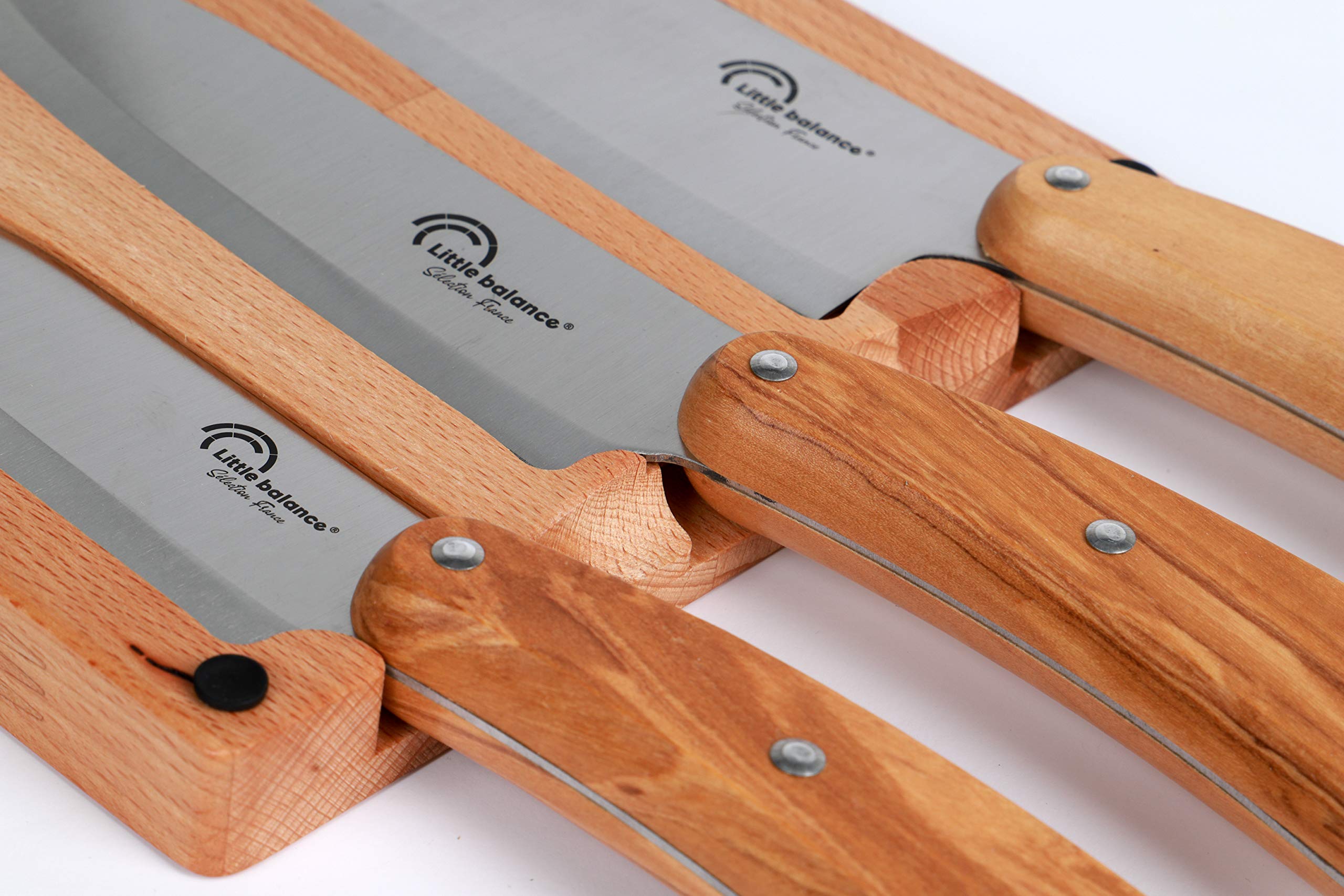Little balance 8424 - Planche 3 couteaux Santoku - Fabrication 100% française - Set 3 couteaux Santoku, Lame Inox Esprit de Thiers - Manche Bois d'Olivier - Planche à découper