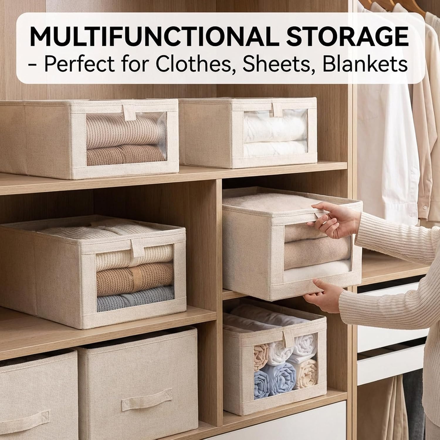 6 Pack Linen Closet Organizers and Storage, Foldable Closet Storage Bins with Clear Window, Fabric Closet Organizers for Shelves, Bedroom, Living Room - Organize Clothes, Jeans, Toys, Blankets