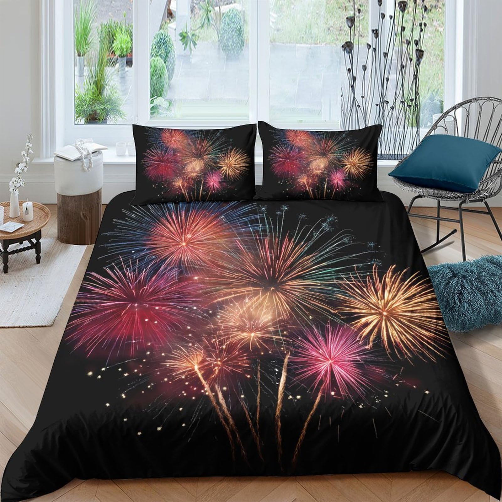 GPLZQXKJNH 3D Printed Fireworks Duvet Cover Microfiber Soft Breathable Festival Night Bedding Set with 2 Pillowcases for Bedroom Decor Single（135x200cm）
