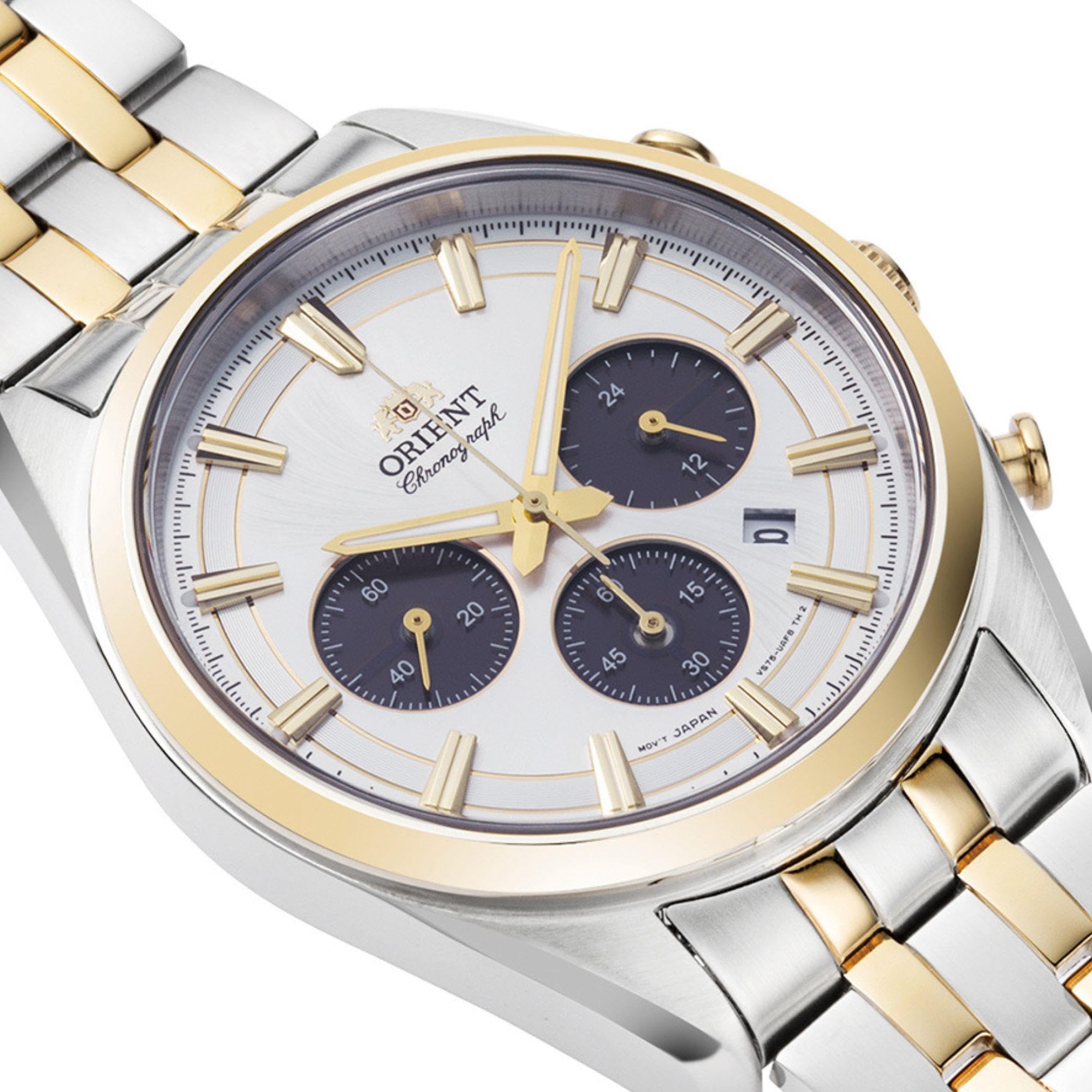 Orient Stretto Solarny Chronograf z białym cadkiem i paskiem ze stali nierdzewnej dla mężczyzn RA-TX0302S10B, biały, klasyczny