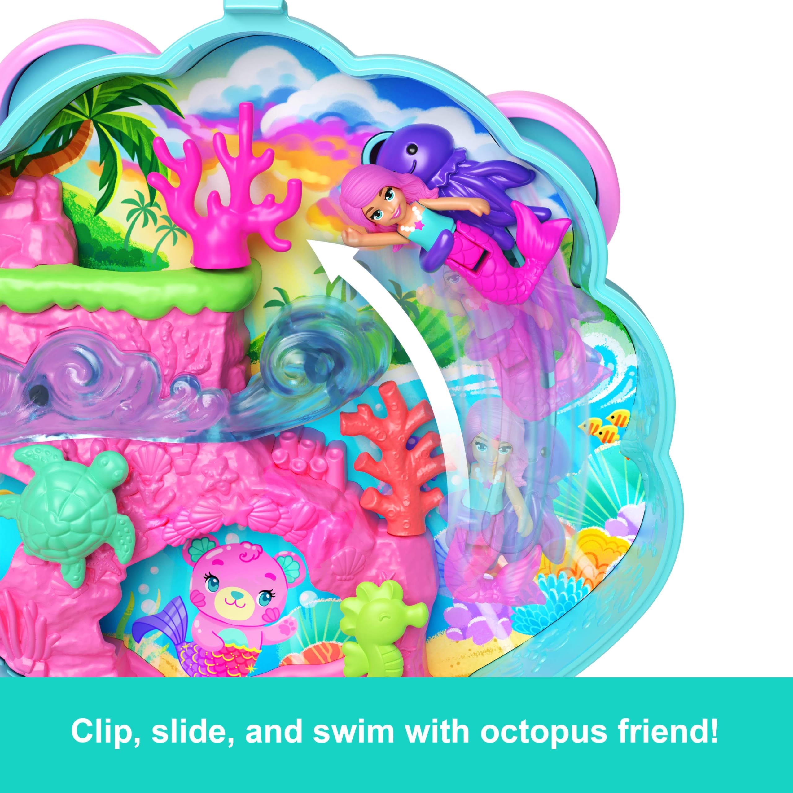 Polly Pocket JCB16 Glitter Island Travel Toy Set with 1 Mermaid Mini Figurine, Aquatic Animals and Themed Accessories - 5
