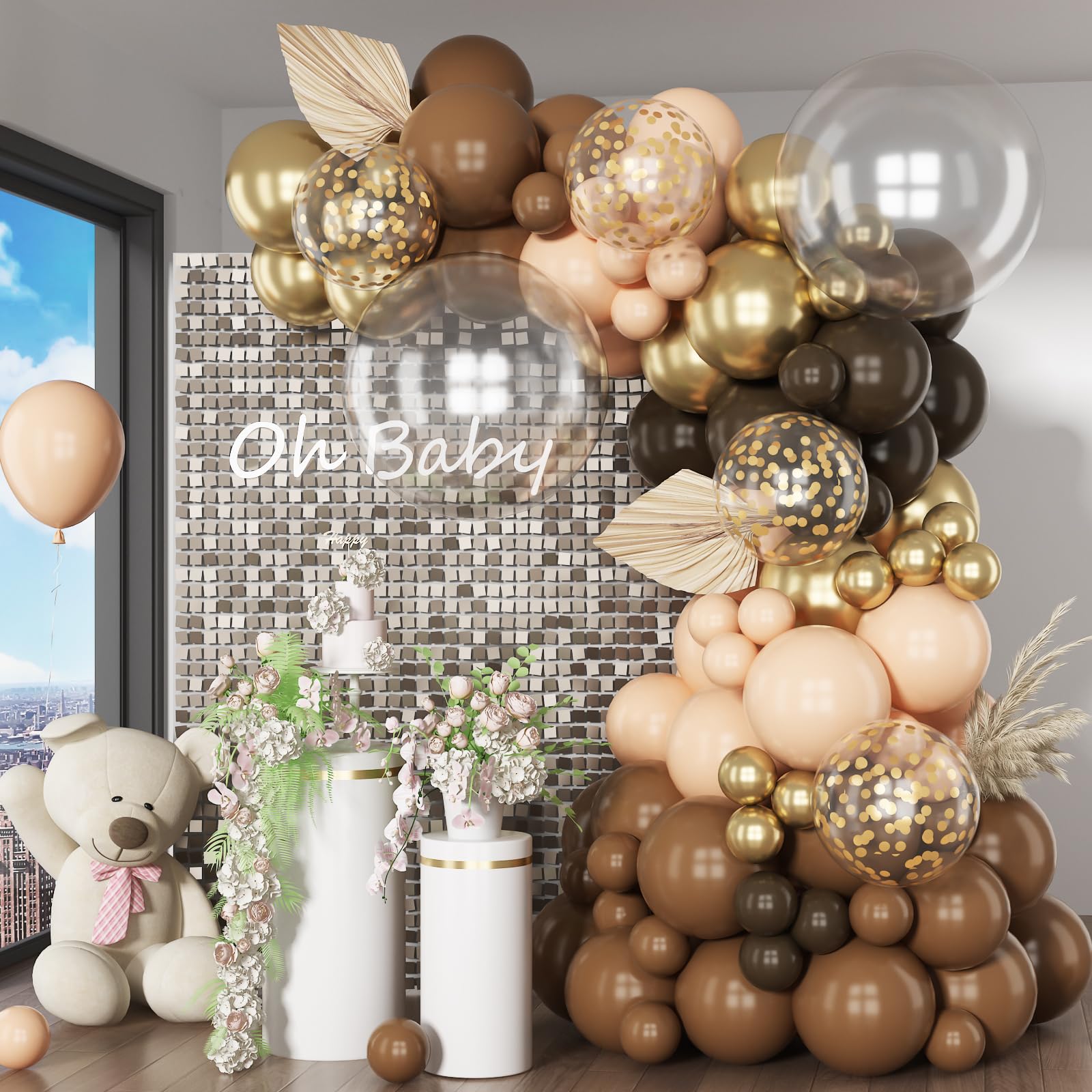 HILAVO Brown Balloon Arch Kit 18 in Clear Balloons Shades of Brown Cream Dark Coffee Nude Beige Champagne Gold Confetti Balloons for Thanksgiving Fall