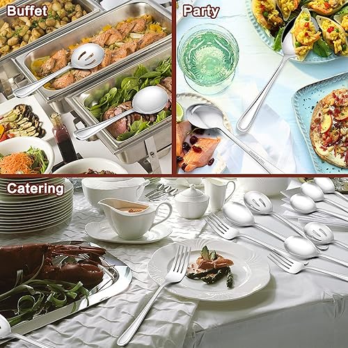 Miniatura 10 de E-far - Juego de 6 utensilios de servir de acero inoxidable de 8.7 pulgadas, cuchara de metal ranurada, tenedores para fiestas, bufé, catering,