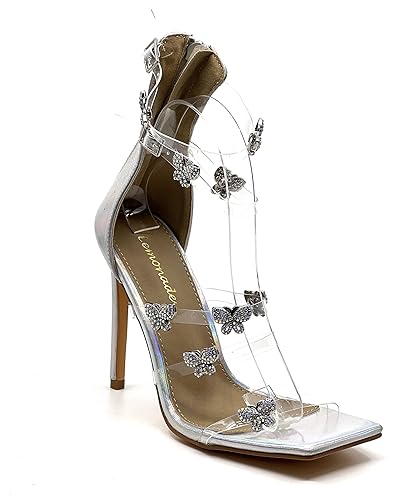 LEMONADE Women's Open Toe High Ankle Strap High Heels Stiletto Sandals - 7 - Hologram/Silver