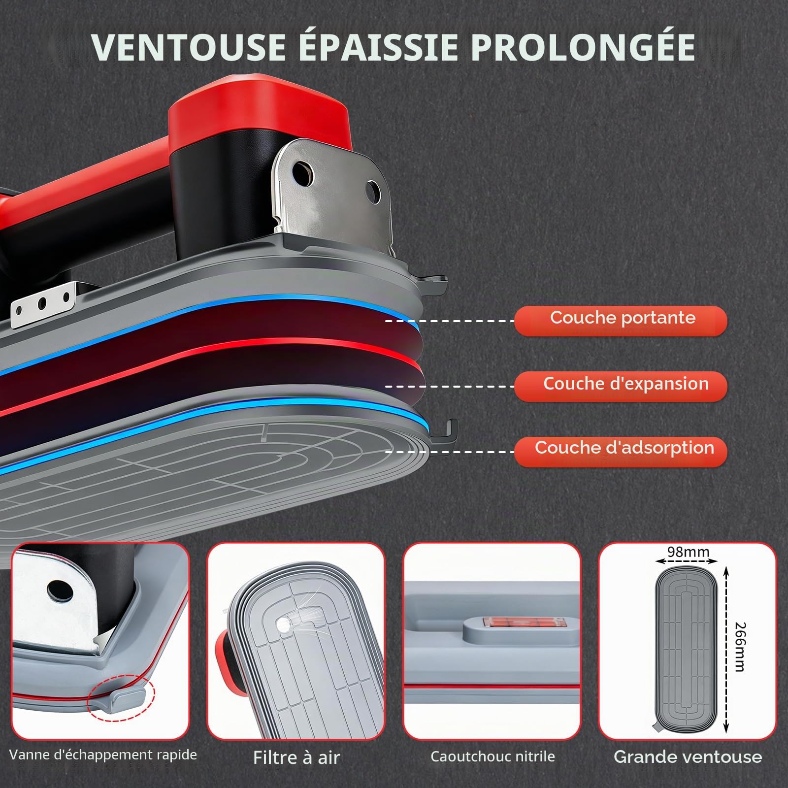 Ventouse Carrelage Vitre, 300 kg Force d'Adhérence