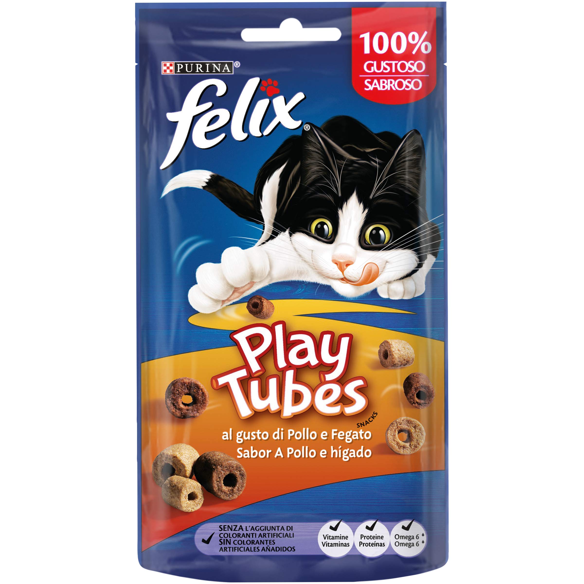 Felix Purina Play Tubes, Snack, premio para Gato con Pollo e Hígado, 8 bolsas de 50g