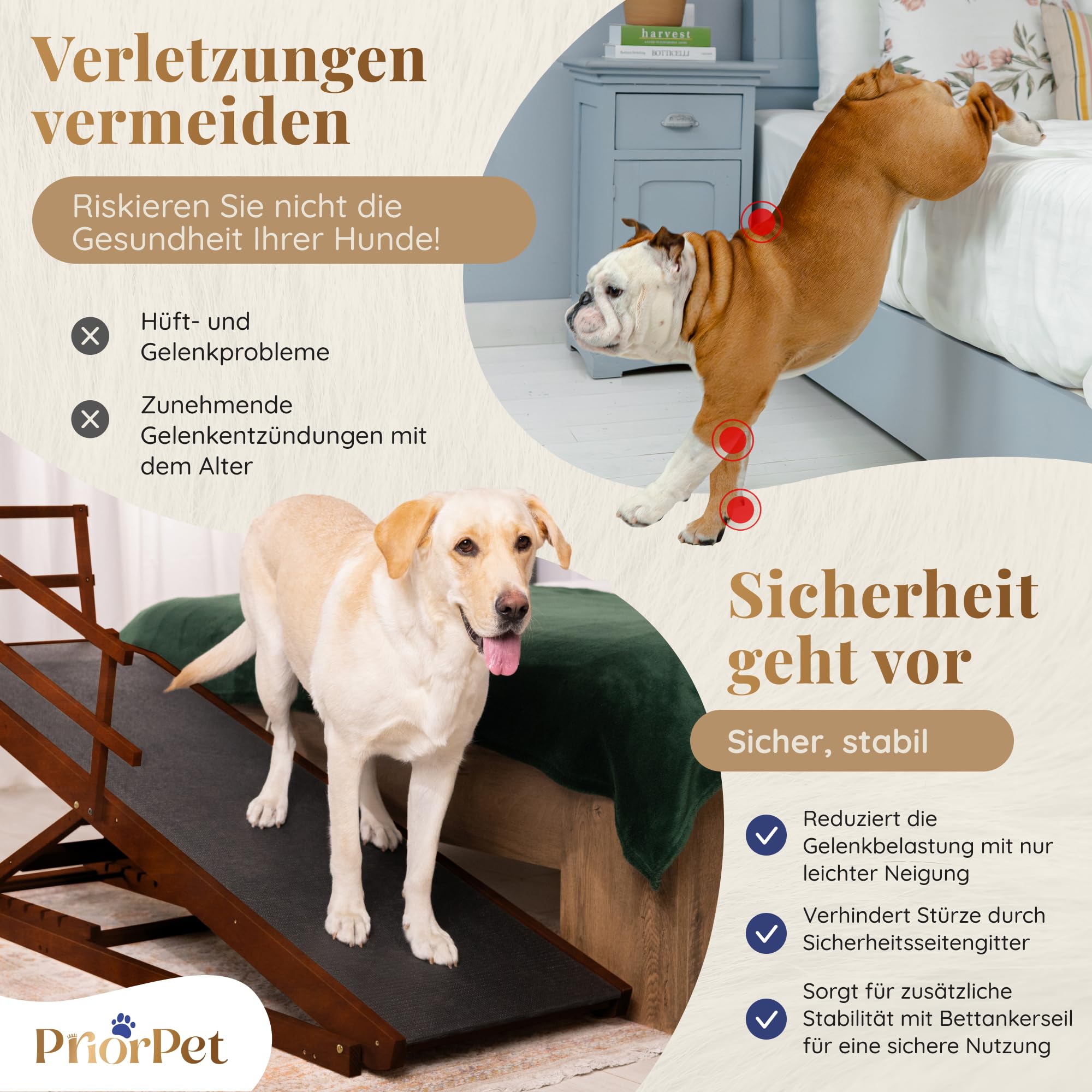 Hunderampe Bett mit Sicherheitsgeländer - Für Große Hunde bis zu 90 kg - Höhenverstellbare hundetreppe für Betten bis zu 94.5cm - Breite 49,5 cm - Klappbar - Anti-Rutsch-Griff - Birkenholz - Walnuß
