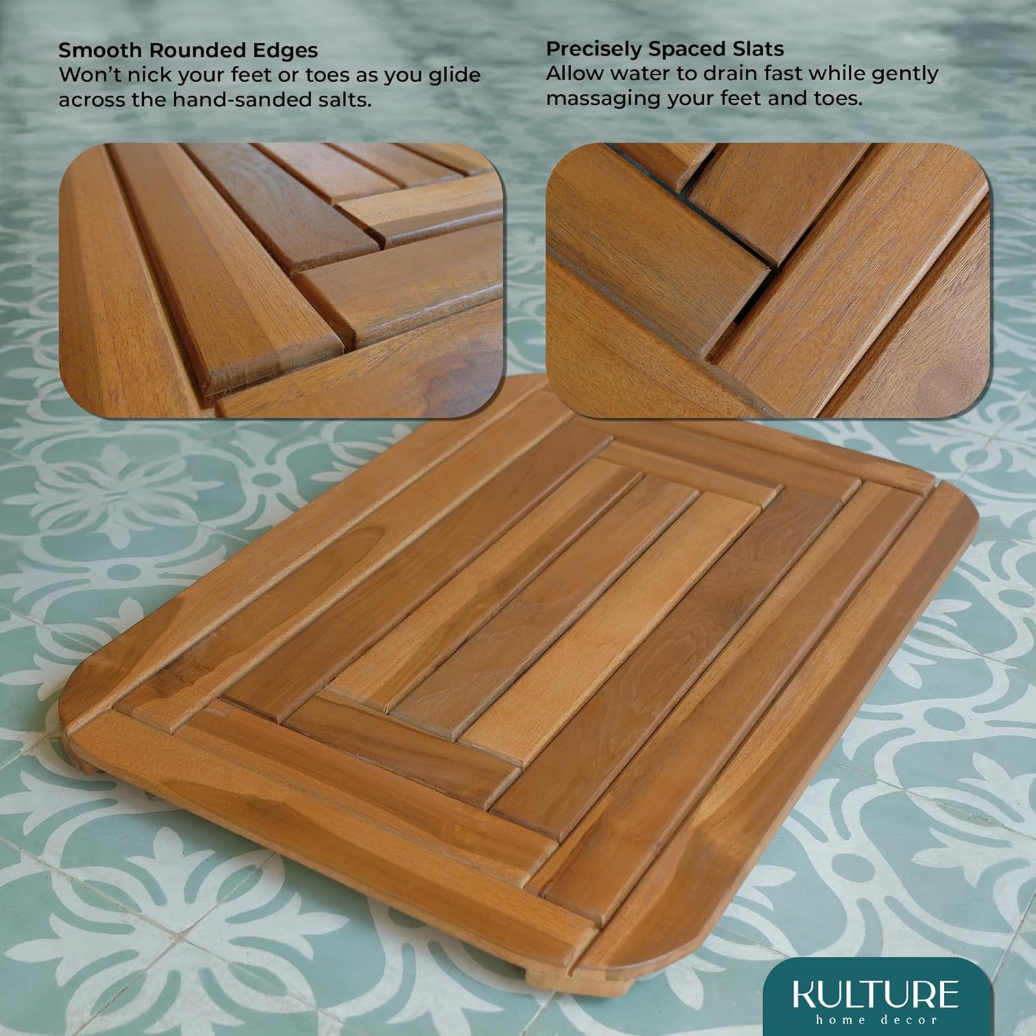 Wooden Bathroom Mat 30x20 in, Teak Shower Mat with Non-Slip Slats, Water Resistant Spa Sauna Shower Floor, Handcrafted in Java