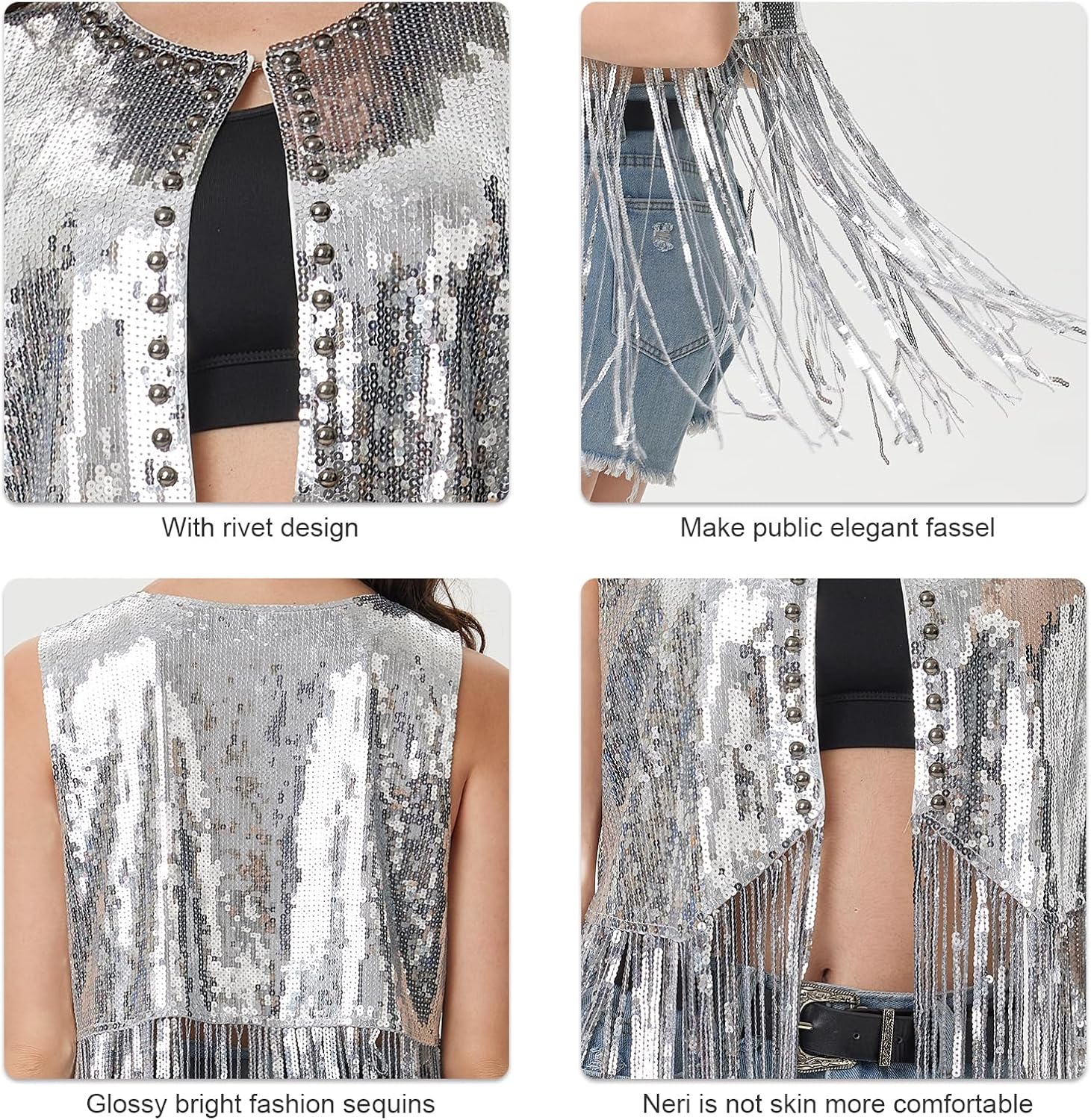 MISI CHAO Sequin Fringe Vest - Sparkly Tassels Jacket Rivet Sleeveless Open Front Tops Glitter Party Cowgirl Concert Outfits - Image 4