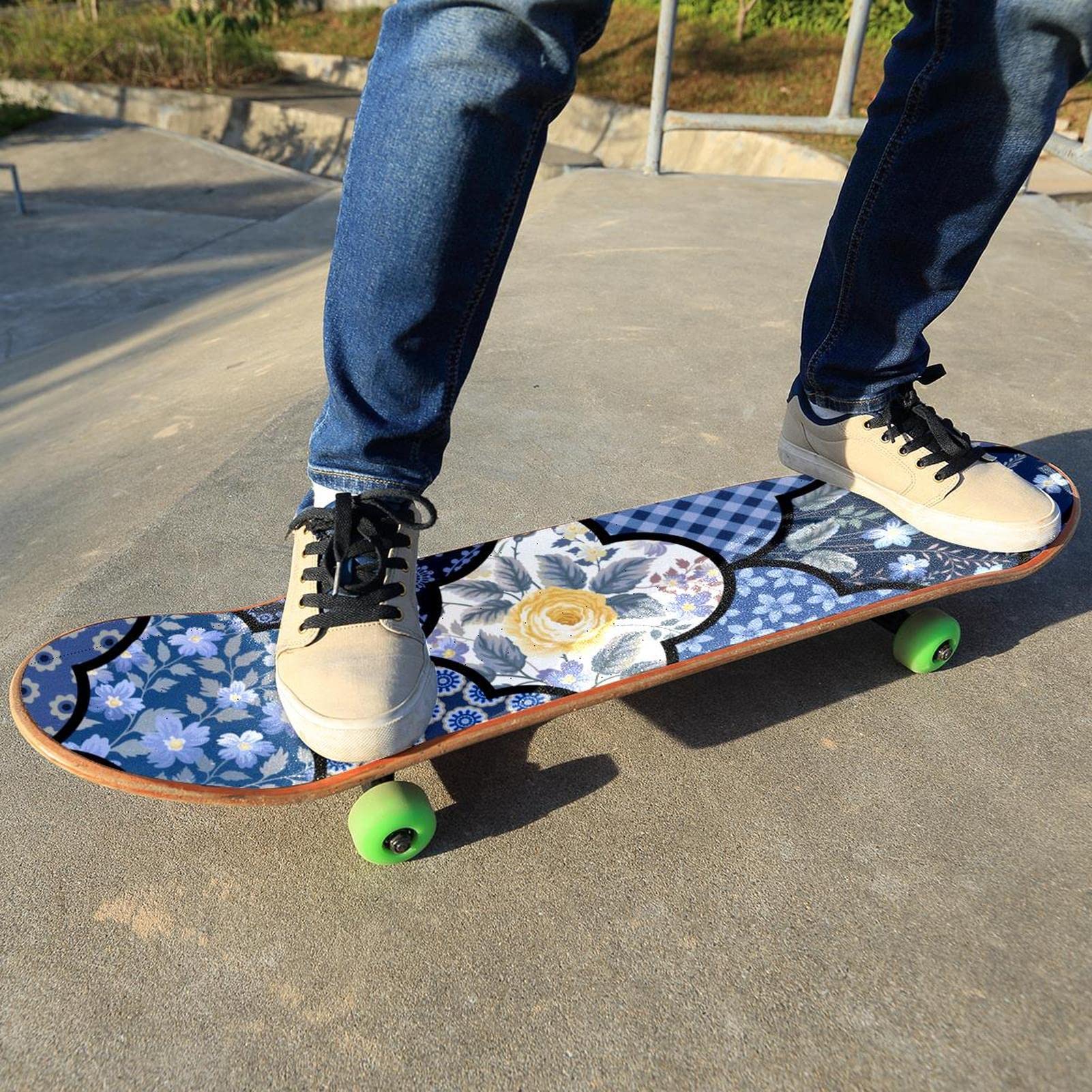 Lot de 2 feuilles de papier abrasif pour skateboard Motif floral Bleu