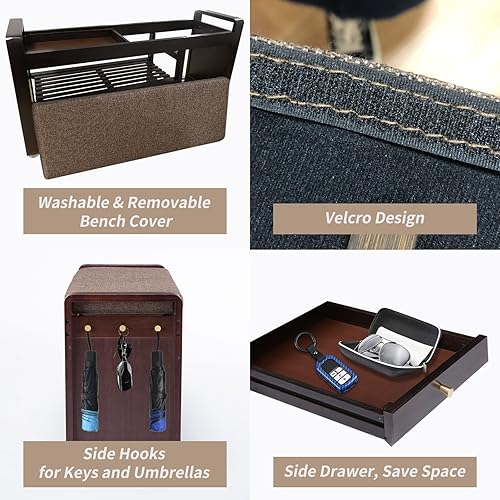 Miniatura 5 de Banco de zapatos de bambú con 3 ganchos laterales, cojín gris extraíble, almacenamiento de zapatos de entrada de 2 niveles, 37.4 x 11.4 x 19.3