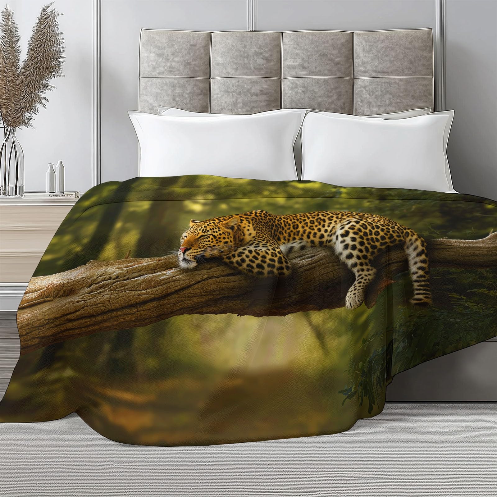 Miękkie gałęzie dżungli, zwierzę, panterka, koc sherpa 221 x 239 cm, dla dzieci dorosłych, natura, krajobraz, nadruk, flanelowa pościel, hipoalergiczna, ciepła narzuta na łóżko, na sofę, krzesło, do