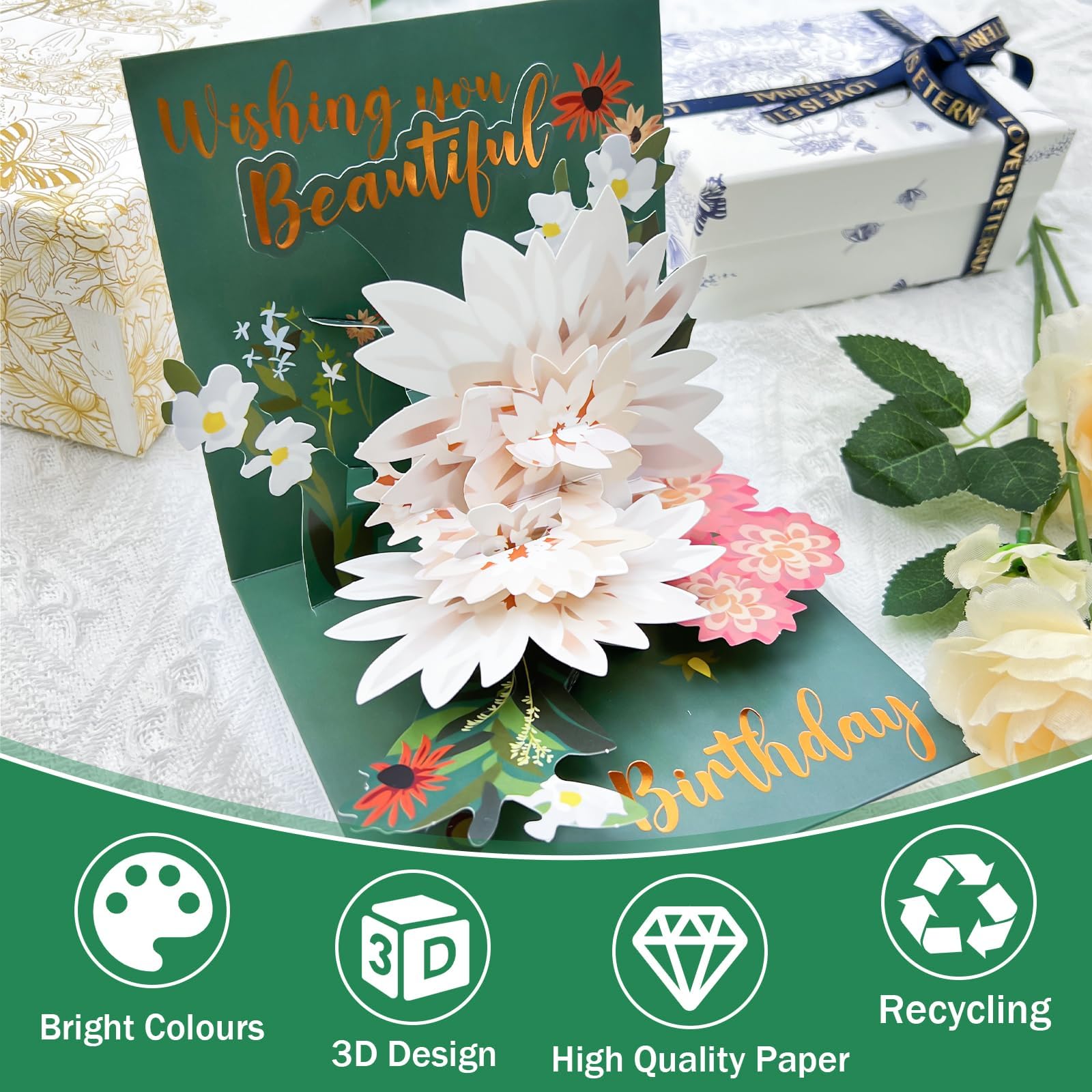 Birthday Flowers, Flower Card, Birthday Card, Pop Up Card, 3D Card, Card For Her, Card For Wife, Card For Mom - View #9