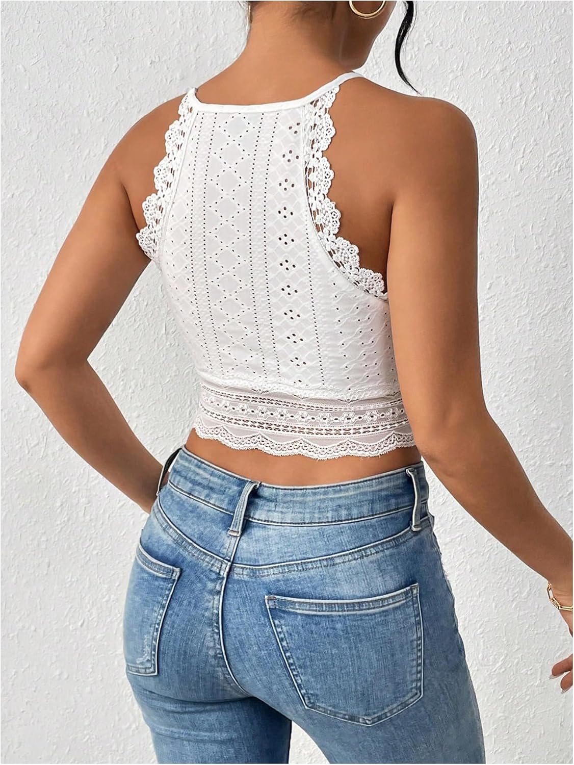 WDIRARA Women's Eyelet Halter Crop Top Lace Embroidery Slim Fitted Tops - Image 2