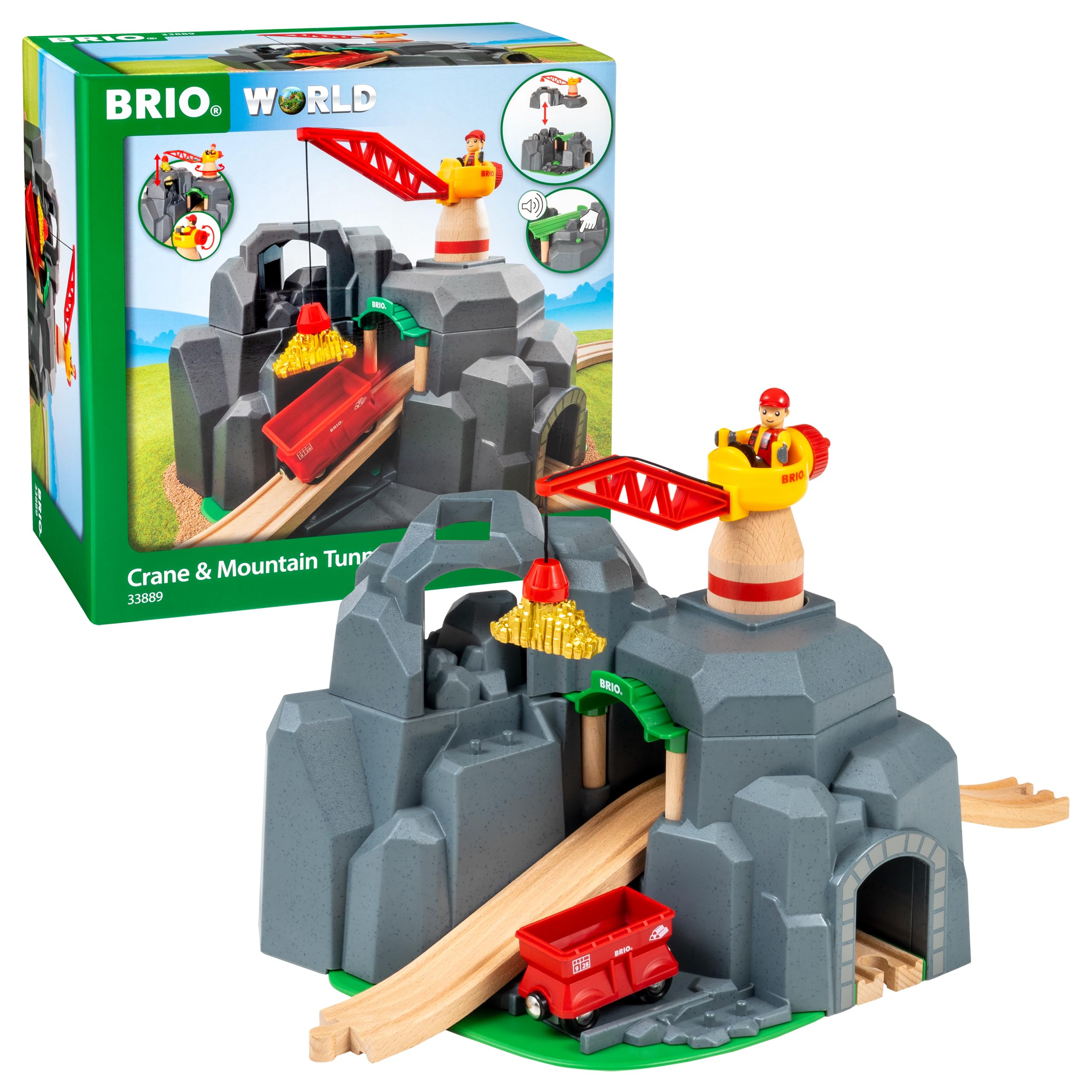 BRIO World 33889 Große Goldmine mit Sound-Tunnel - Zubehör Holzeisenbahn - Kleinkinderspielzeug empfohlen für Kinder ab 3 Jahren | Kran und Tunnel Set, kompatibel mit BRIO World Sets, fördert fantasievolles Spielen, langlebiges Holzdesign, ab 3 Jahren
