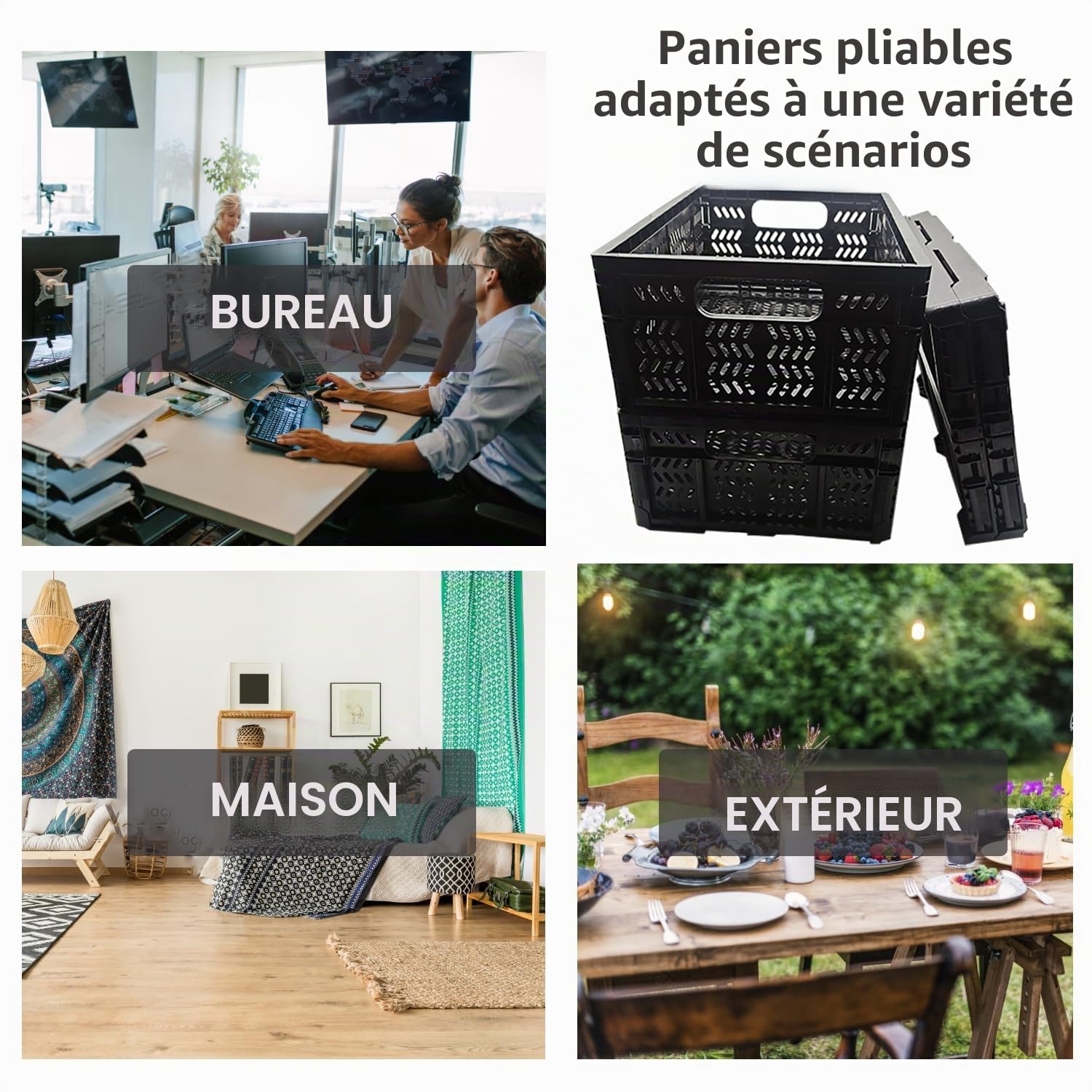 Lot de 4 caisses de rangement en plastique pliables pour la maison, la cuisine, le bureau, les aliments, les fruits, les légumes, les collations, les bouteilles, les jouets, le garde-manger