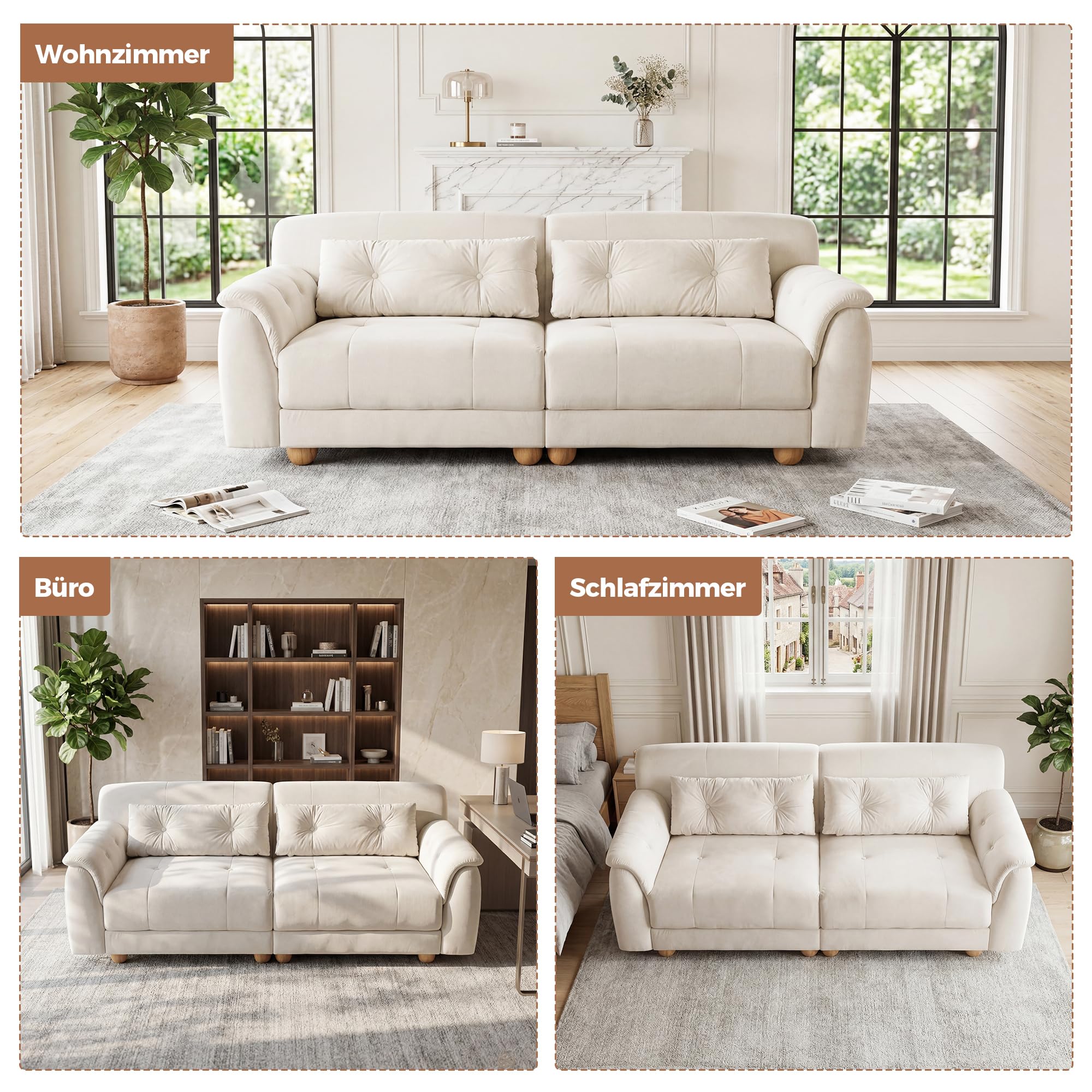 BonVache 2 Sitzer Sofa mit Knopfheftung, 3 Sitzer Samtsofa mit 2 Rückenkissen und kugelförmigen Massivholzbeinen, Bequemes Couch mit 54 cm Sitztiefe, Couch für Wohnzimmer, Weiß