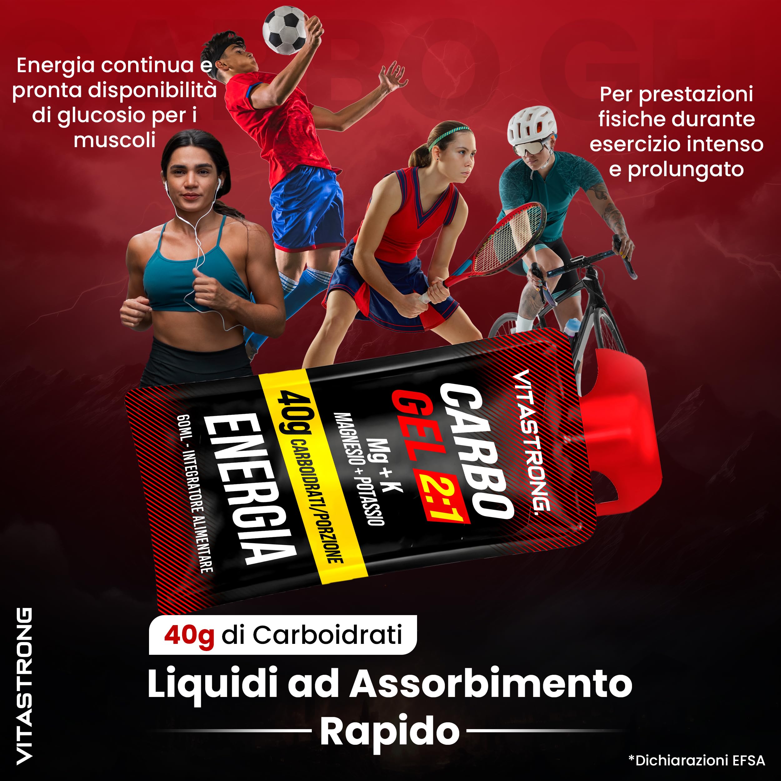 Vitastrong Carbo Gel 2:1 Energy Magnesio e Potassio Bustine con Cannuccia | 24 Carbogel da 40g Carboidrati, 56mg Magnesio e Potassio 300mg per Dose, Maltodestrine, Ciclismo Pre Workout e Intra Workout