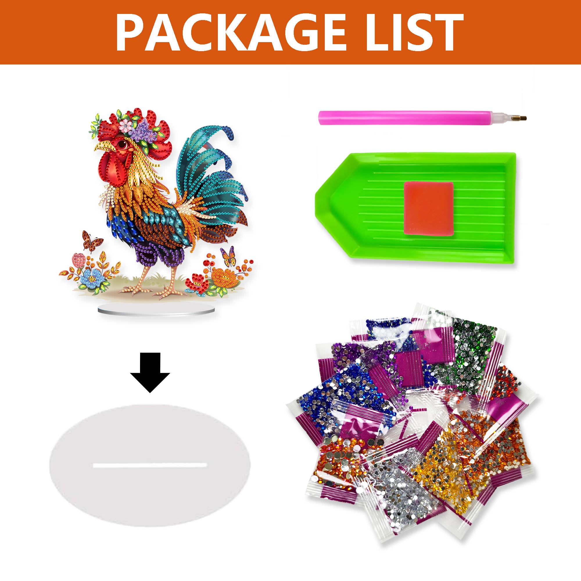 Eiflow Kit Pittura A Diamanti Fai Da Te - Ornamento Da Scrivania Con Gallo E Base - Decorazione 3D Con Diamanti Speciali E Strumenti