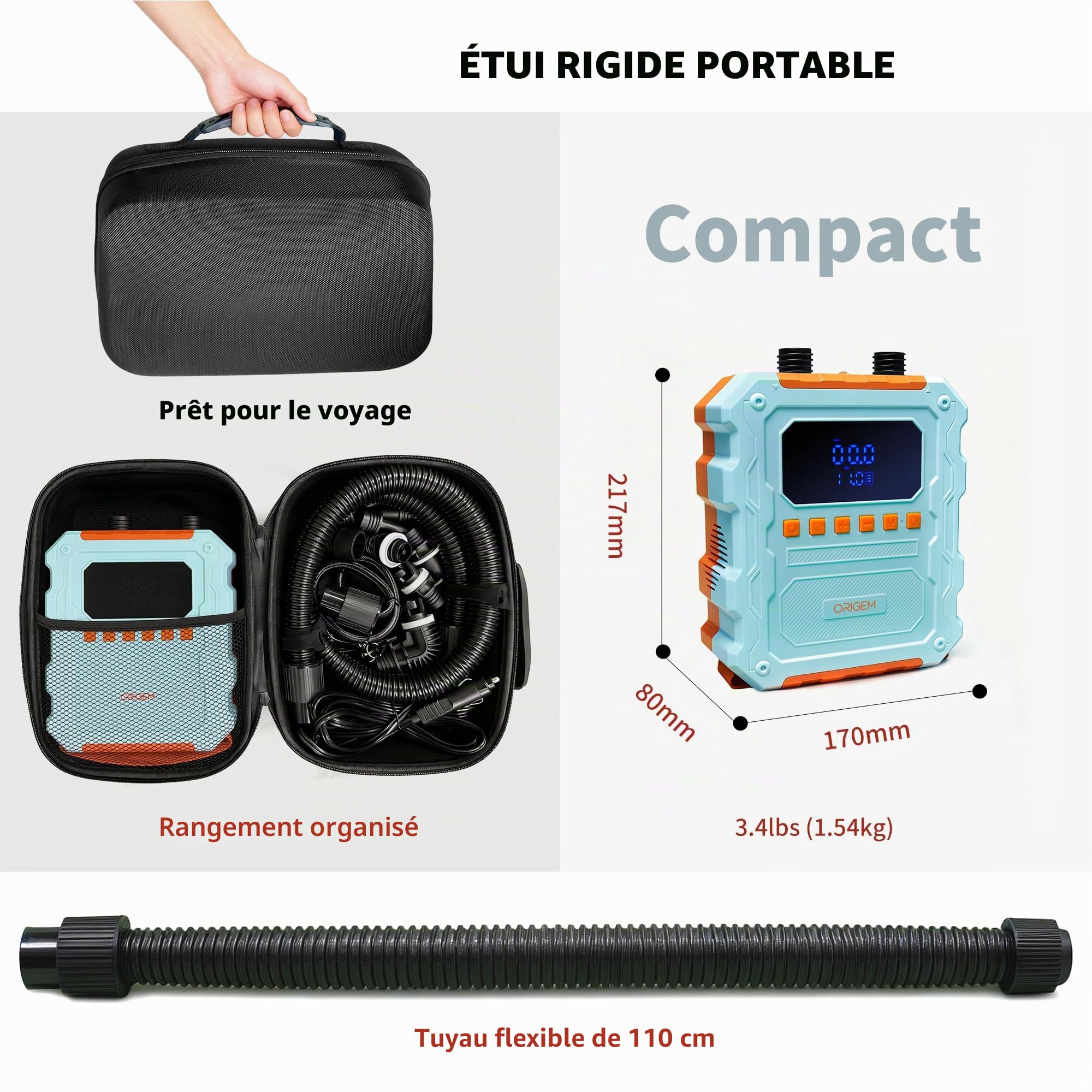 Origem 60 PSI Gonfleur Paddle Électrique, 20800 mAh Pompe Électrique Paddle Rechargeable, Gonflage/Dégonflage en 4 Minutes, 10 Embouts, Pompe Sup pour Planches de Paddle,Kayak, Bateau et Tente