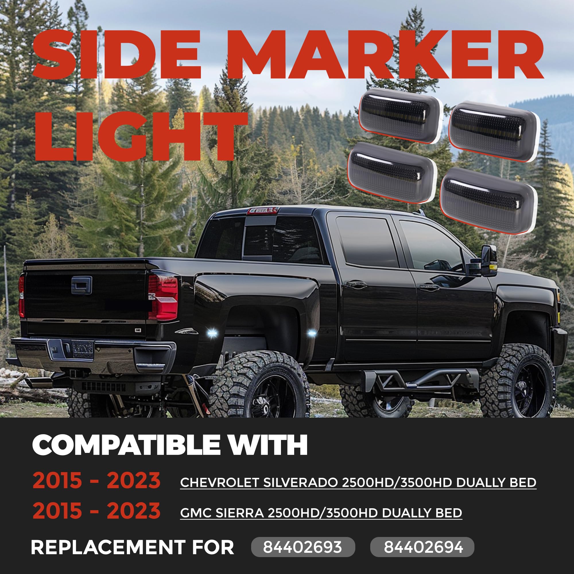 HECASA 4Pcs LED Fender Side Marker Lights Compatible with 2015-2023 Chevy Chevrolet Silverado/GMC Sierra 2500HD 3500HD Dual Rear Wheel Bed Front Rear Side Lamp Left & Right Smoke Lens White