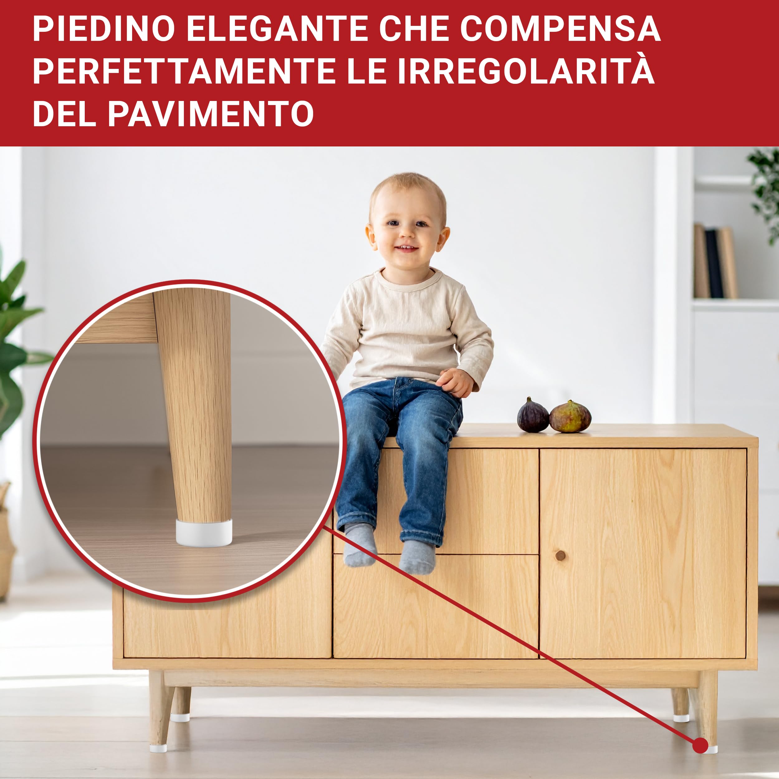 LouMaxx Piedini per Mobili Adesivi Regolabili in altezza Ø 55,5 mm – Piedini Mobili Bianchi Altezza Regolabile – Rialzi per Mobili con Materiale di Montaggio – Set da 8