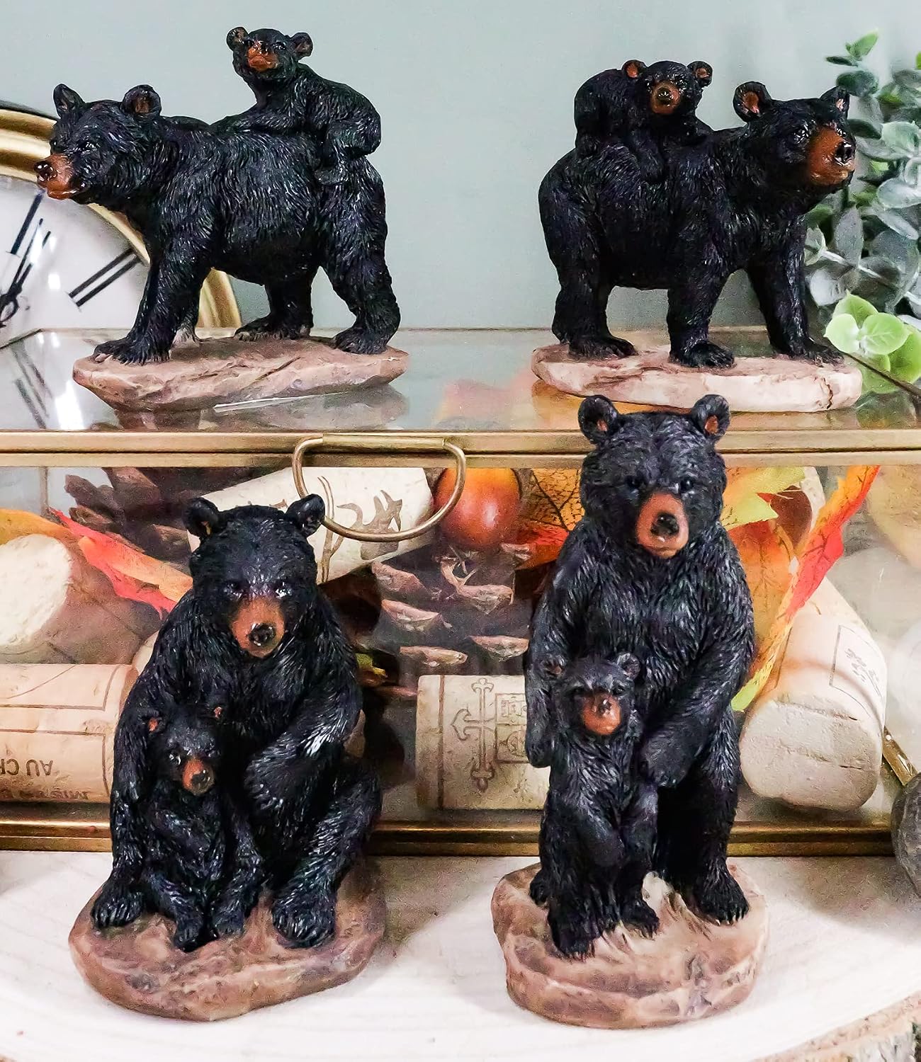Ebros Western Rustic Black Mama Bear Playing with Baby Cub Set of 4 Mini Figurines in Multiple Poses Family Bears Decorative Animal Collectible for Cabin Lodge Country Cottage