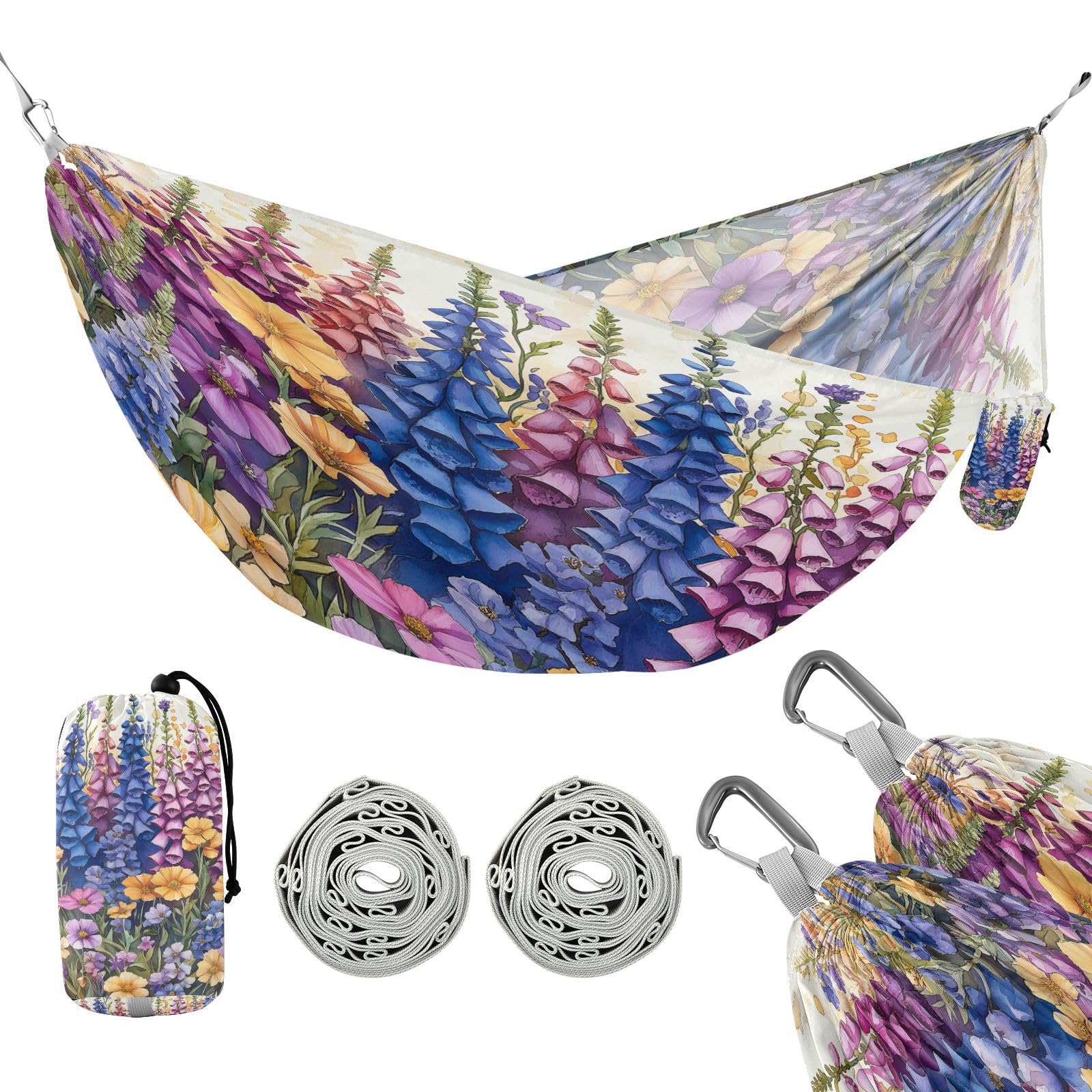 ATTX Foxgloves and Irises Camping Hammock - Lightweight & Portable Hammocks, Heavy Duty 330lbs Capacity for Indoor, Hiking, Backpacking, Travel, Backyard, Beach#33