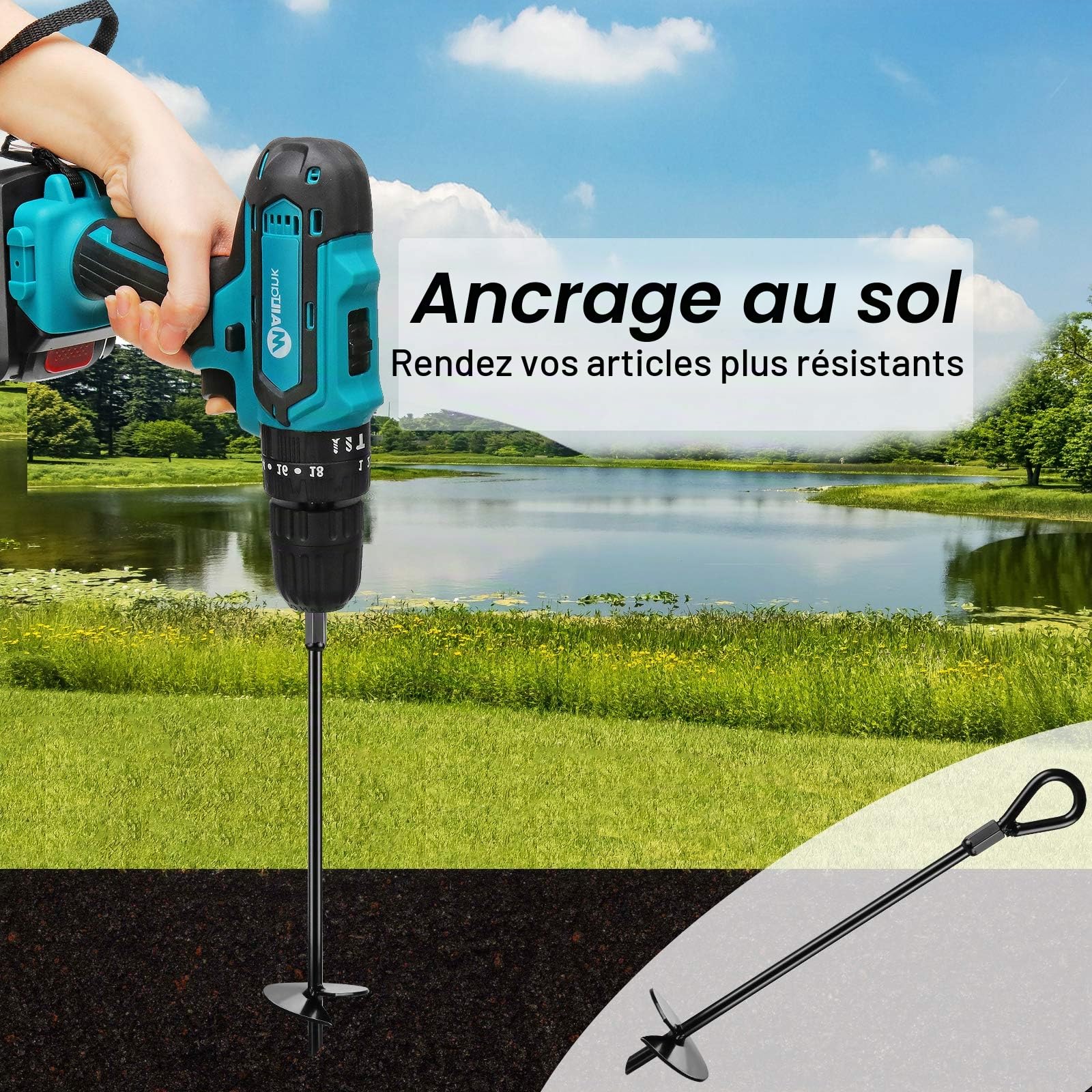 Ancres au Sol AGPTEK, kit d'ancrage au Sol de 4 piquets mesurant 38cm de Long et 1.3cm d’épaisseur, ancrages au Sol très résistants, Parfaits pour tentes, auvents, abris, Trampolines et balançoires