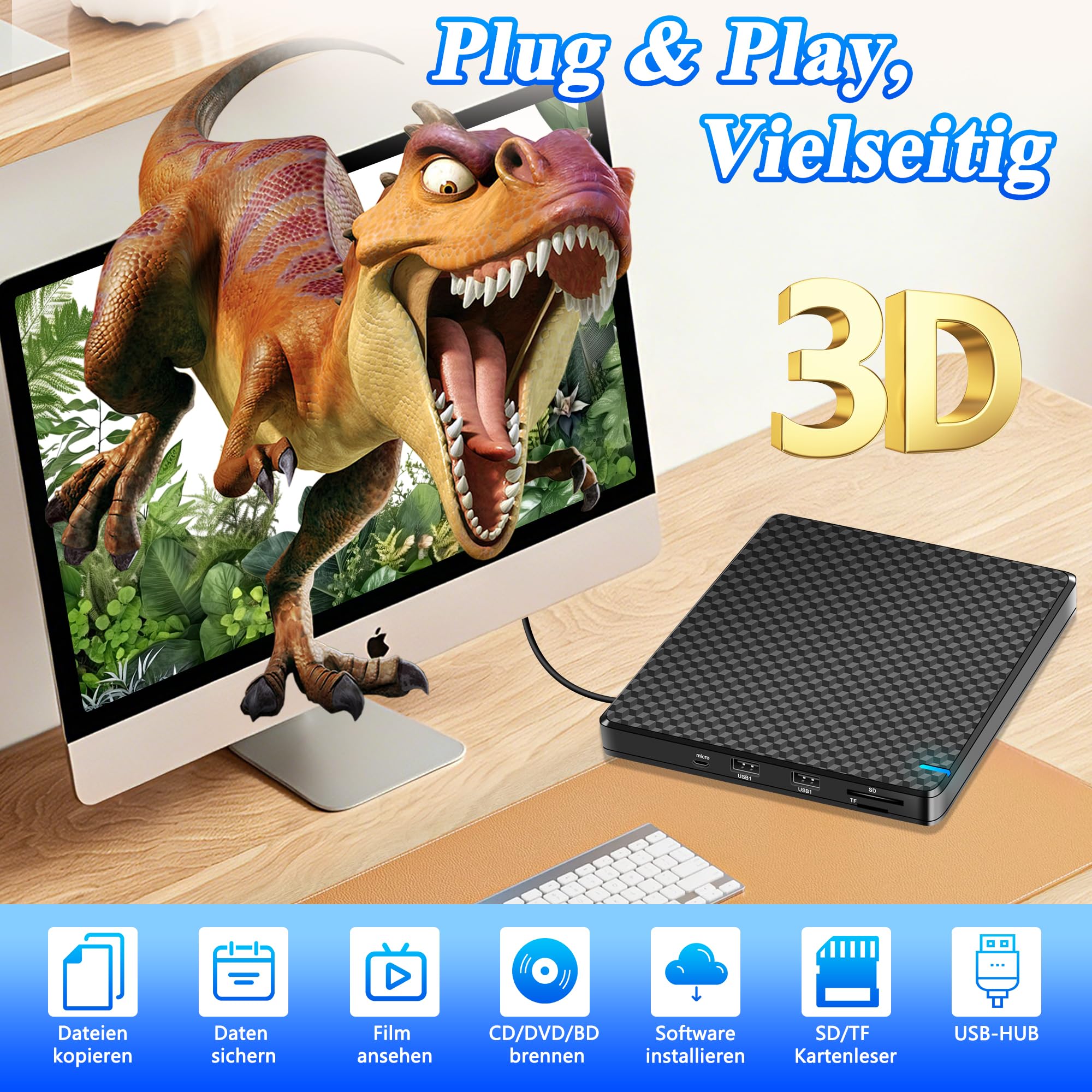 Externes Blu Ray Laufwerk: Slim Bluray Brenner Extern USB C für Laptop Mac MacBook mit SD/TF Slot USB Ports Tragbar Bluray Laufwerk Extern CD/DVD/BD Player für PC Windows 11 Schwarz