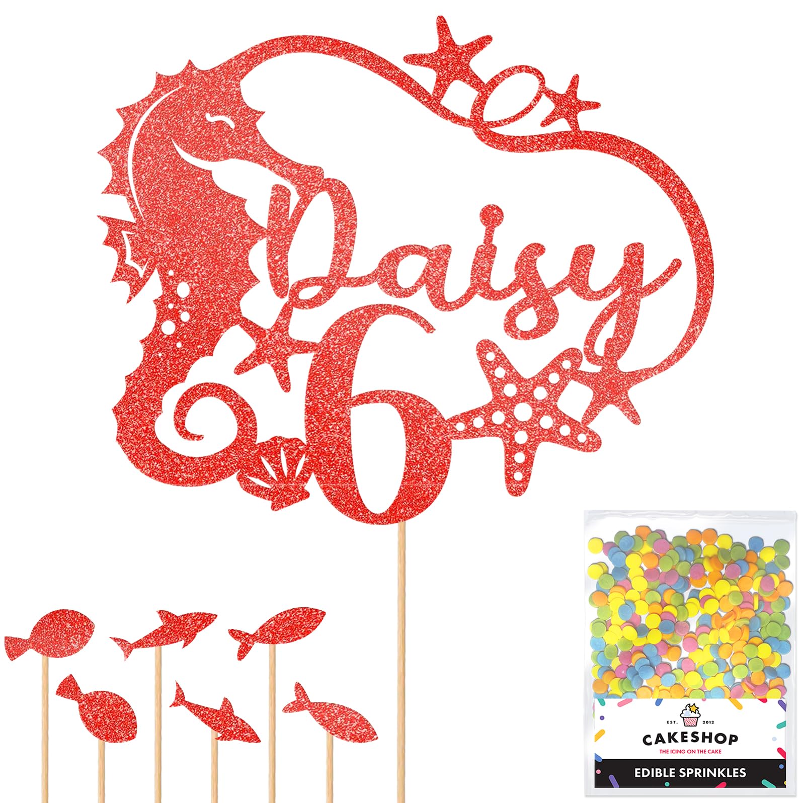Personalised Birthday Seahorse Glitter Cake Topper- Red Any Custom Age & Name Glitter Cake Decoration and Sprinkles - Happy Birthday Decorations - Personalised Toppers for Cakes by Cakeshop