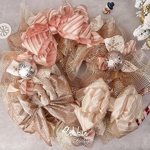 Miniatura 4 de Ribbli 2 rollos de cinta de malla metálica de oro rosa de 10 pulgadas x 30 pies (10 yardas), marfil con lámina de oro rosa e hilo marfil, cinta de