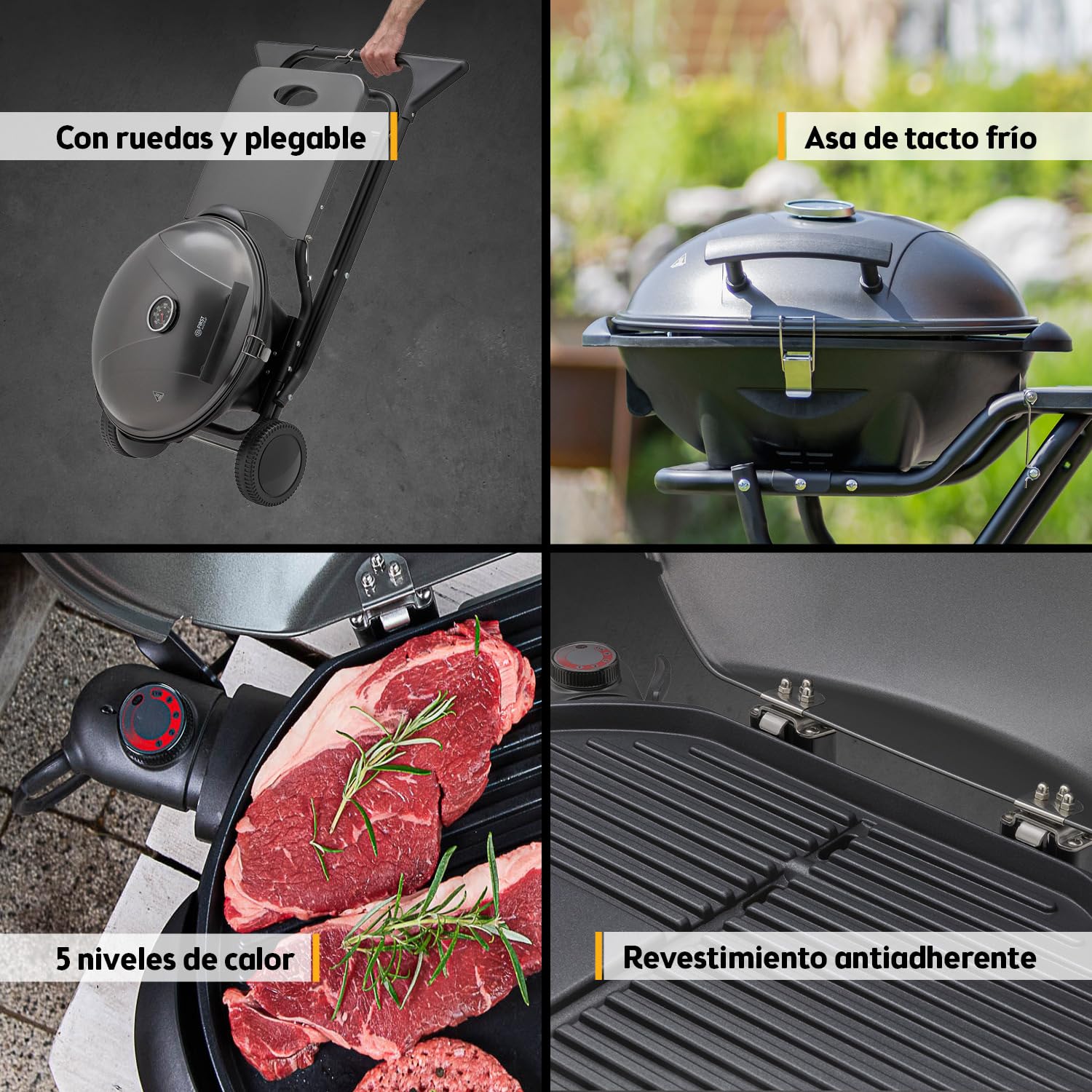 TZS First Austria - Barbacoa eléctrica 2 en 1 de mesa y suelo 2400W - BBQ plegable para balcón y terraza con tapa y carrito - Parrilla esférica con termómetro y bandeja recogegrasas