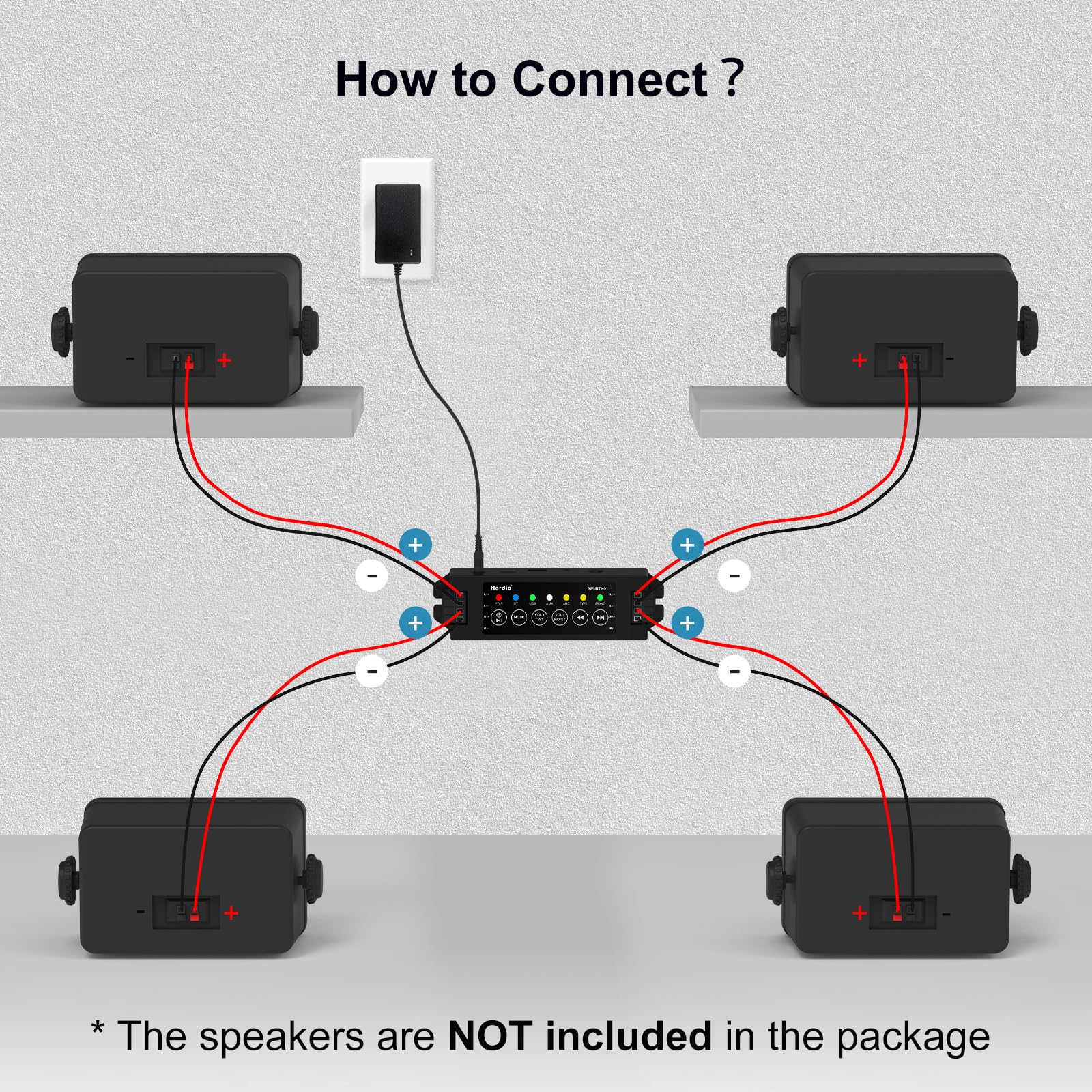 Herdio 4-kanałowy wzmacniacz Bluetooth 5,0 A, odbiornik 200 W, moc wyjściowa z zasilaczem AC-DC 19 V 3 A, montaż na ścianie, USB/MIC/AUX/TWS, do domu/garażu/sufitu/pasywnych głośników (40 W każdy