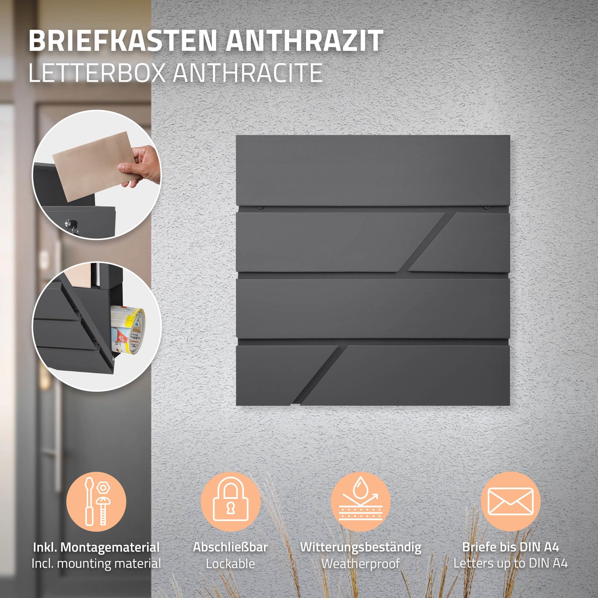 ECD Germany Buzón de Acero Inoxidable Antracita Base Autoportante Exterior con Soporte Poste Antracita Casillero Moderno con Compartimento para Periódicos y Cerradura con 2 Llaves Incluidas