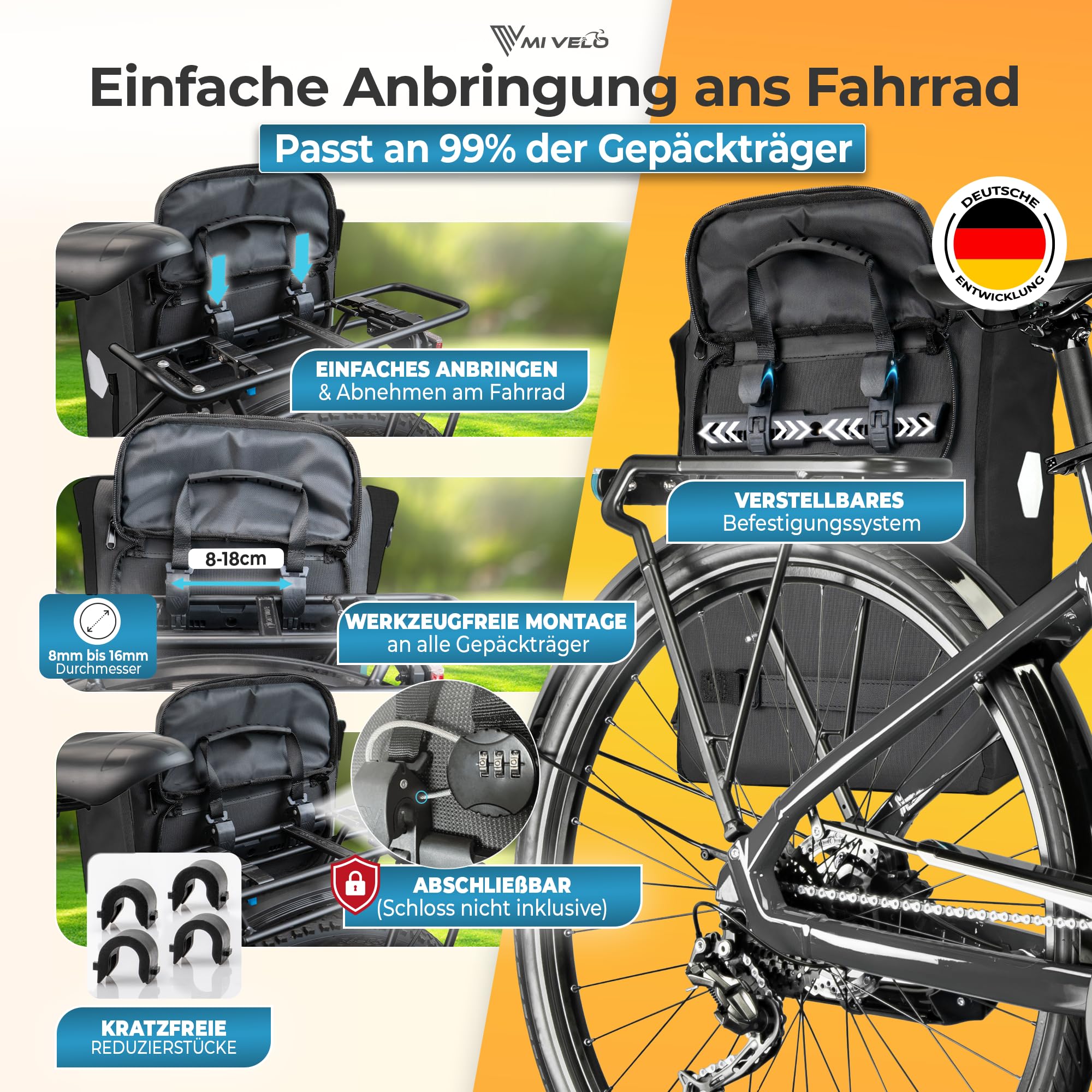 MIVELO 3in1 Fahrradtasche für Gepäckträger - Fahrrad Tasche Rucksack mit gepolstertem Laptopfach - Gepäckträgertasche hinten 100% wasserdicht mit Reflektoren (Schwarz, 20 Liter)
